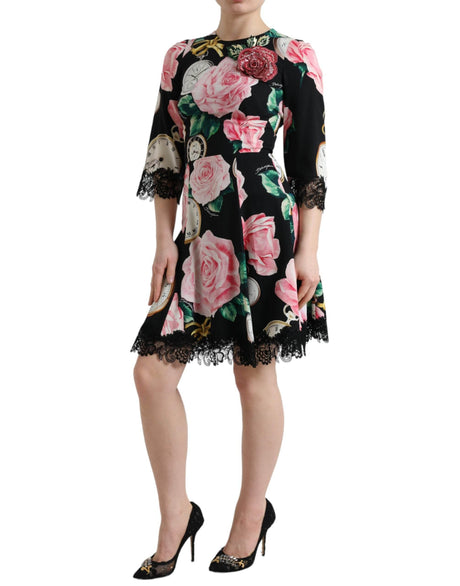 Dolce & Gabbana Black Floral Embellished Lace A-line Dress - Hilstor