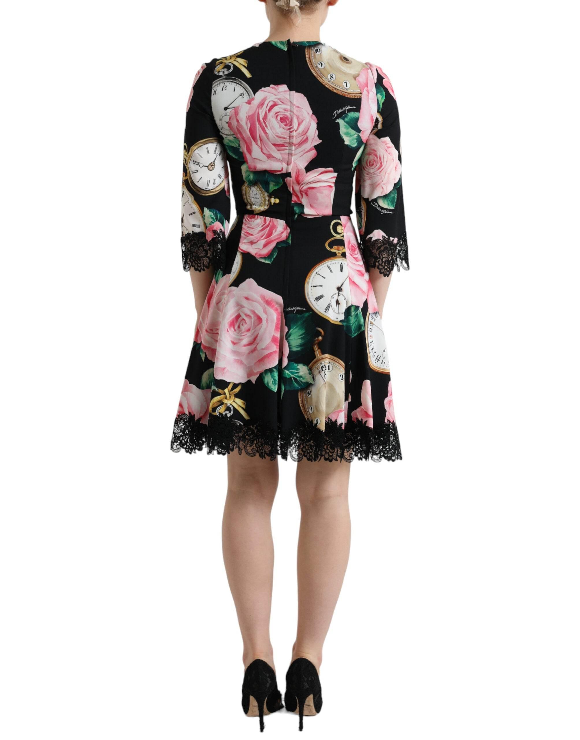 Dolce & Gabbana Black Floral Embellished Lace A-line Dress - Hilstor