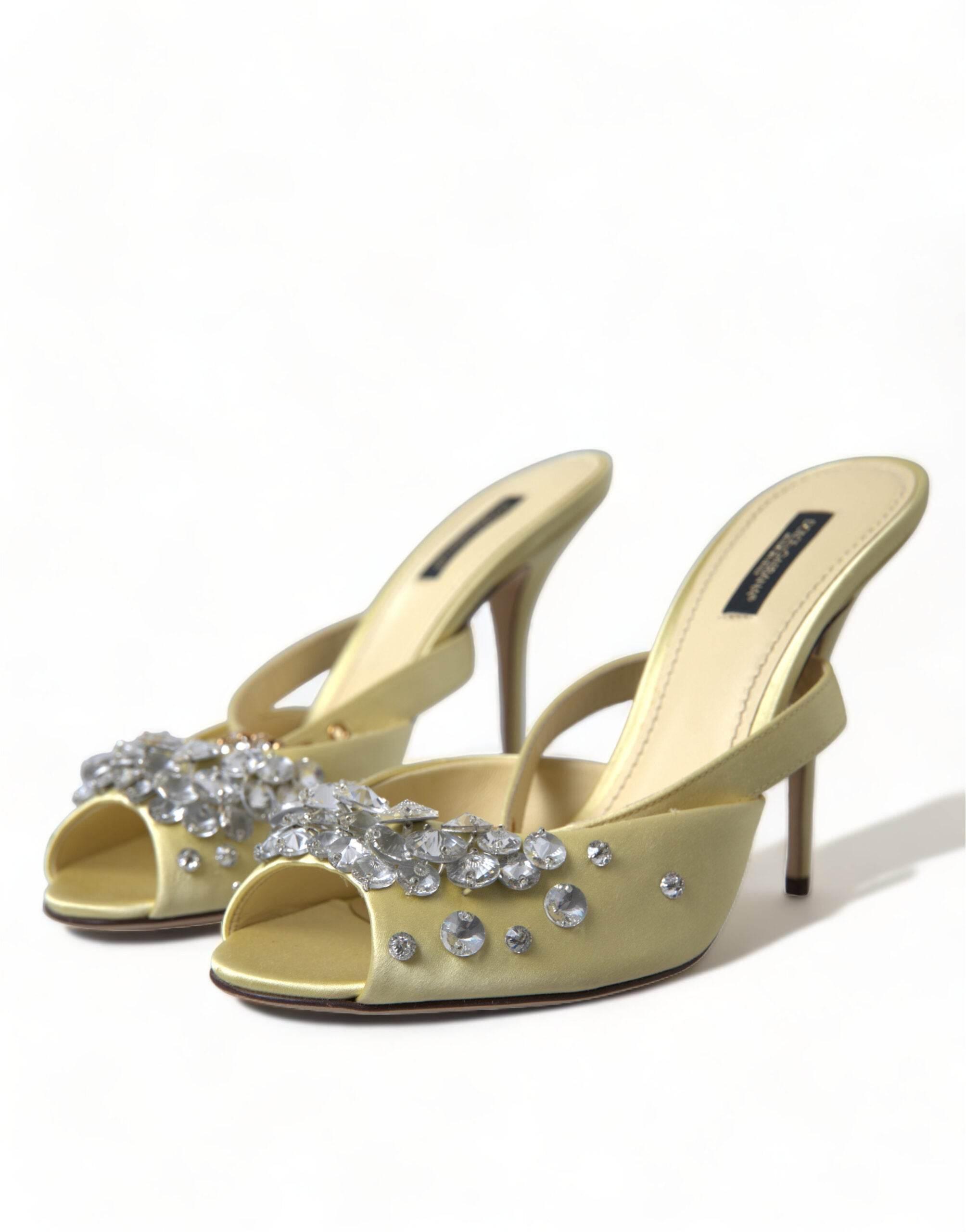 Dolce & Gabbana Yellow Satin Crystal Mary Janes Sandals - Hilstor