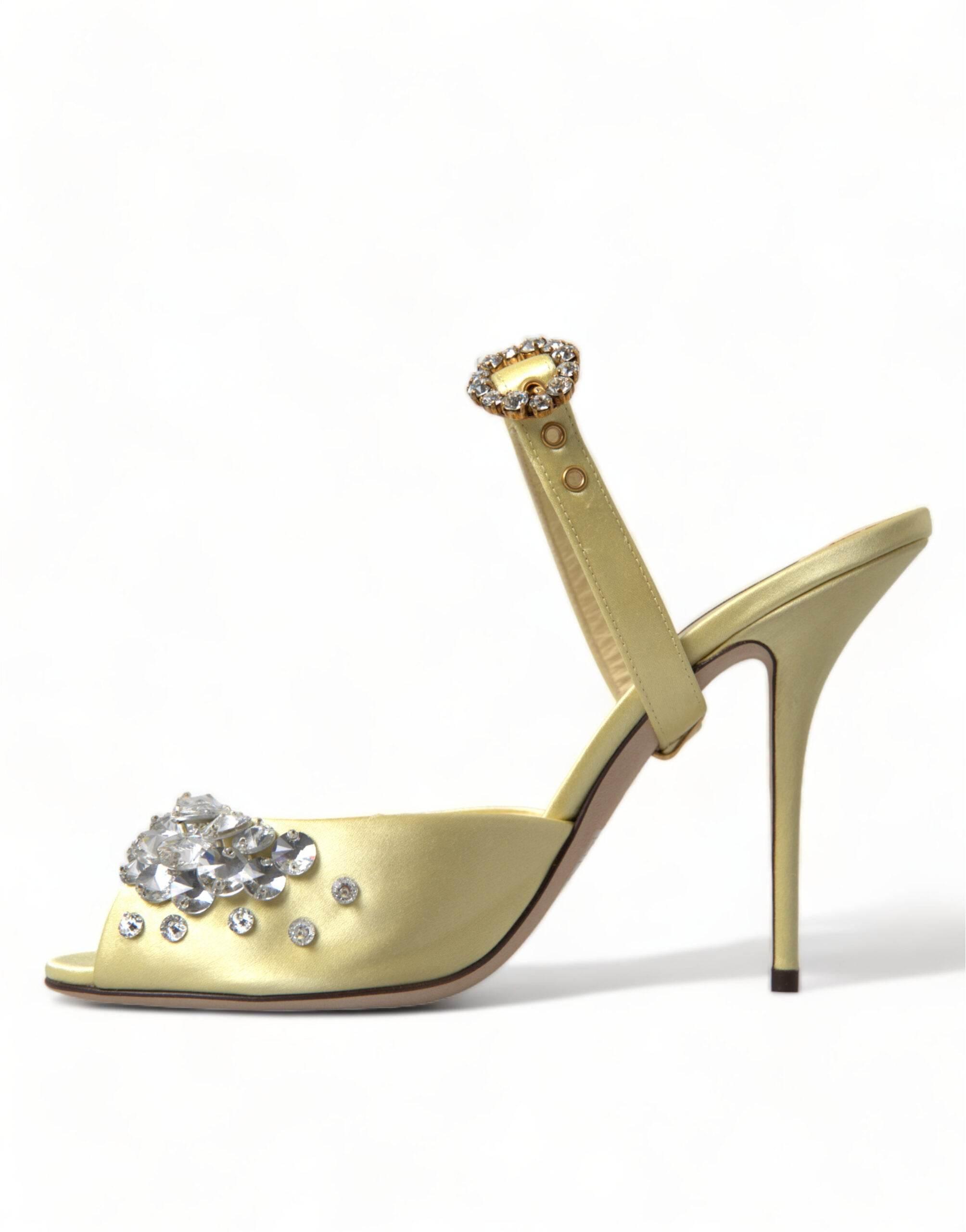 Dolce & Gabbana Yellow Satin Crystal Mary Janes Sandals - Hilstor