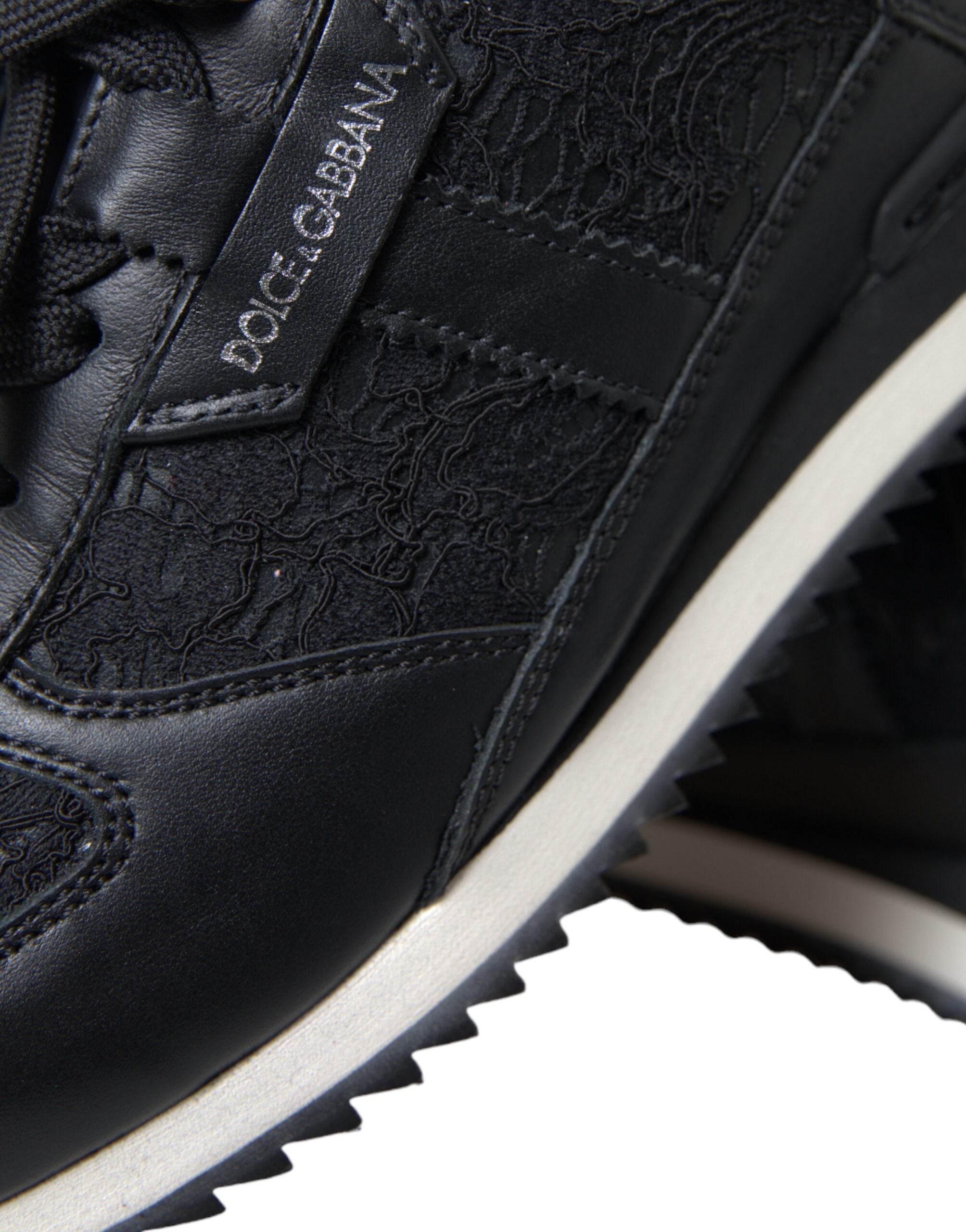 Dolce & Gabbana Black Floral Lace Leather Sneakers Shoes - Hilstor