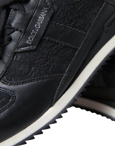 Dolce & Gabbana Black Floral Lace Leather Sneakers Shoes - Hilstor