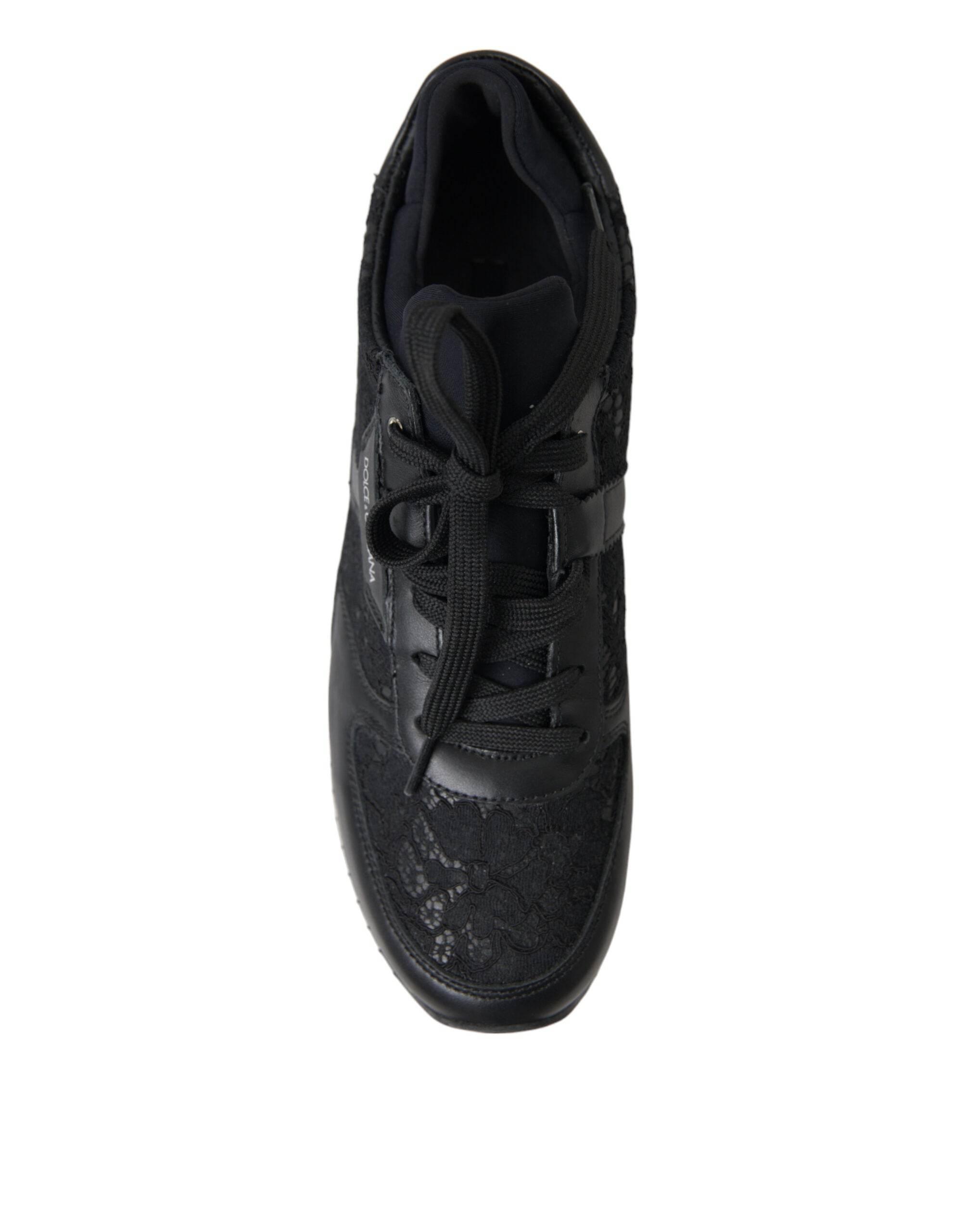 Dolce & Gabbana Black Floral Lace Leather Sneakers Shoes - Hilstor