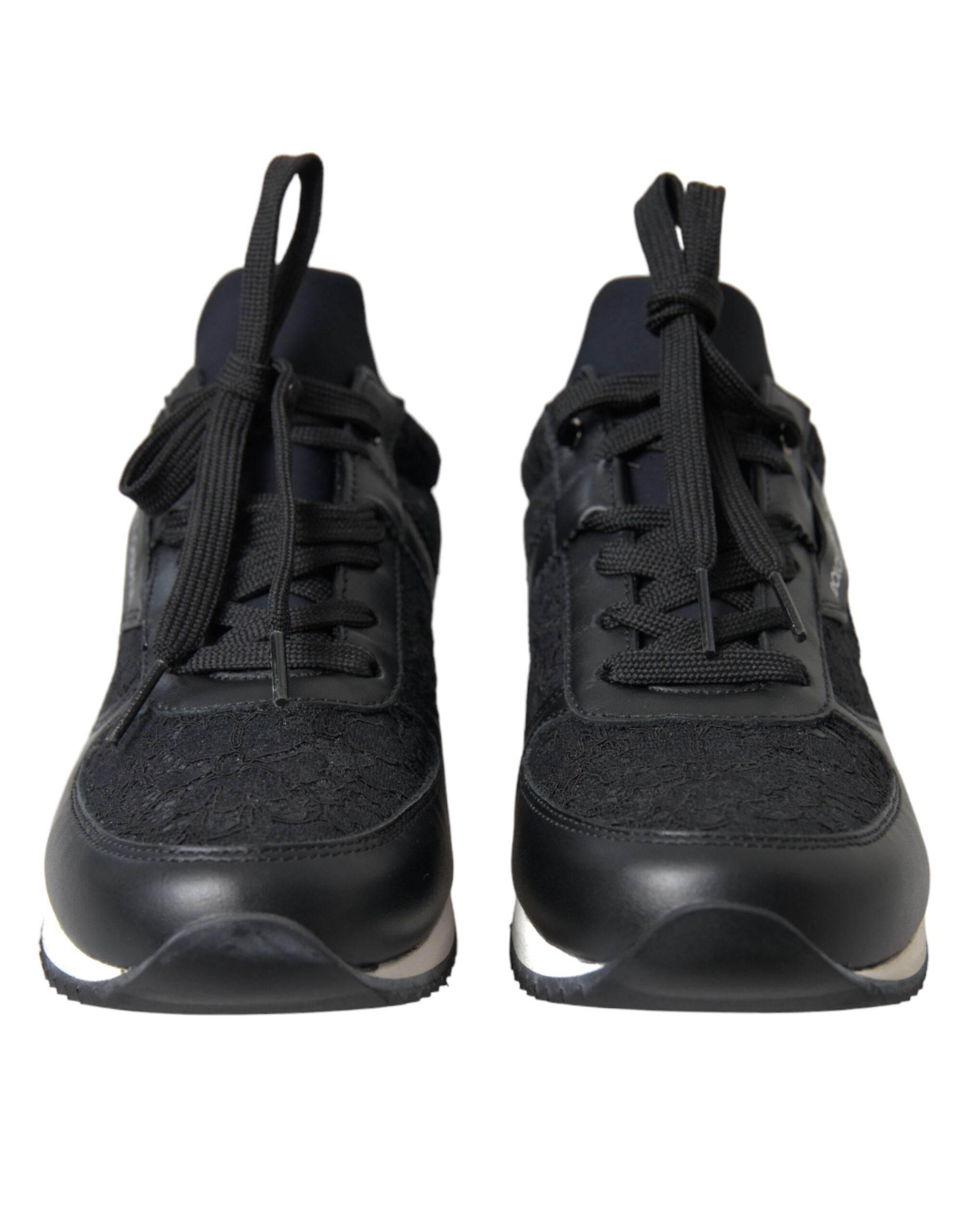 Dolce & Gabbana Black Floral Lace Leather Sneakers Shoes - Hilstor