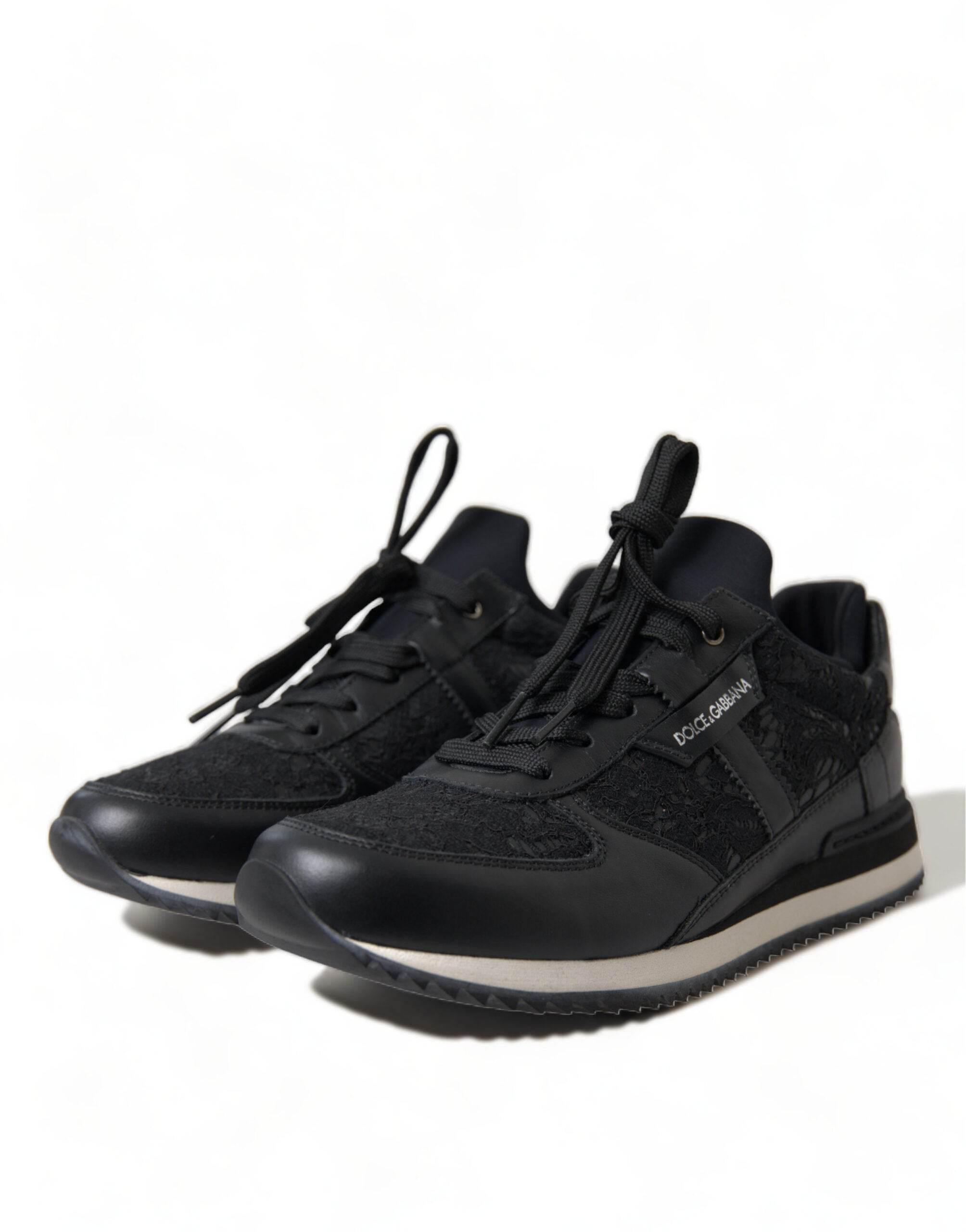 Dolce & Gabbana Black Floral Lace Leather Sneakers Shoes - Hilstor
