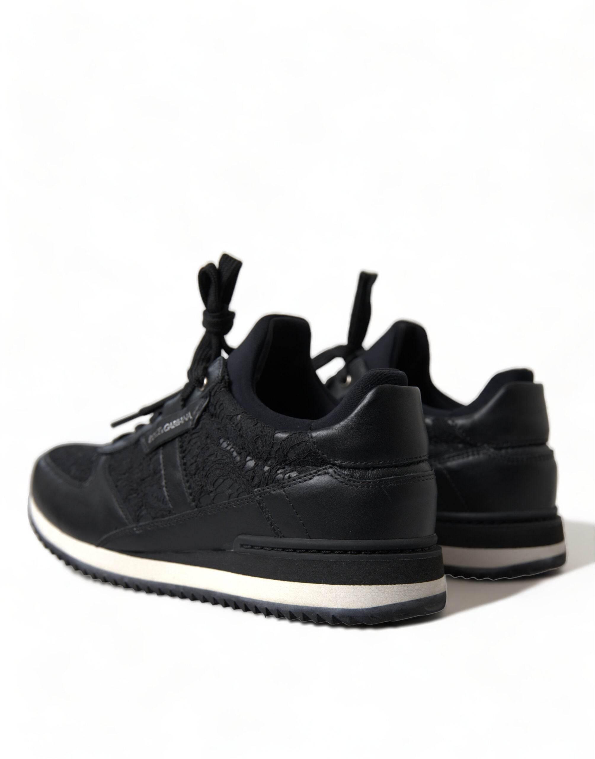 Dolce & Gabbana Black Floral Lace Leather Sneakers Shoes - Hilstor
