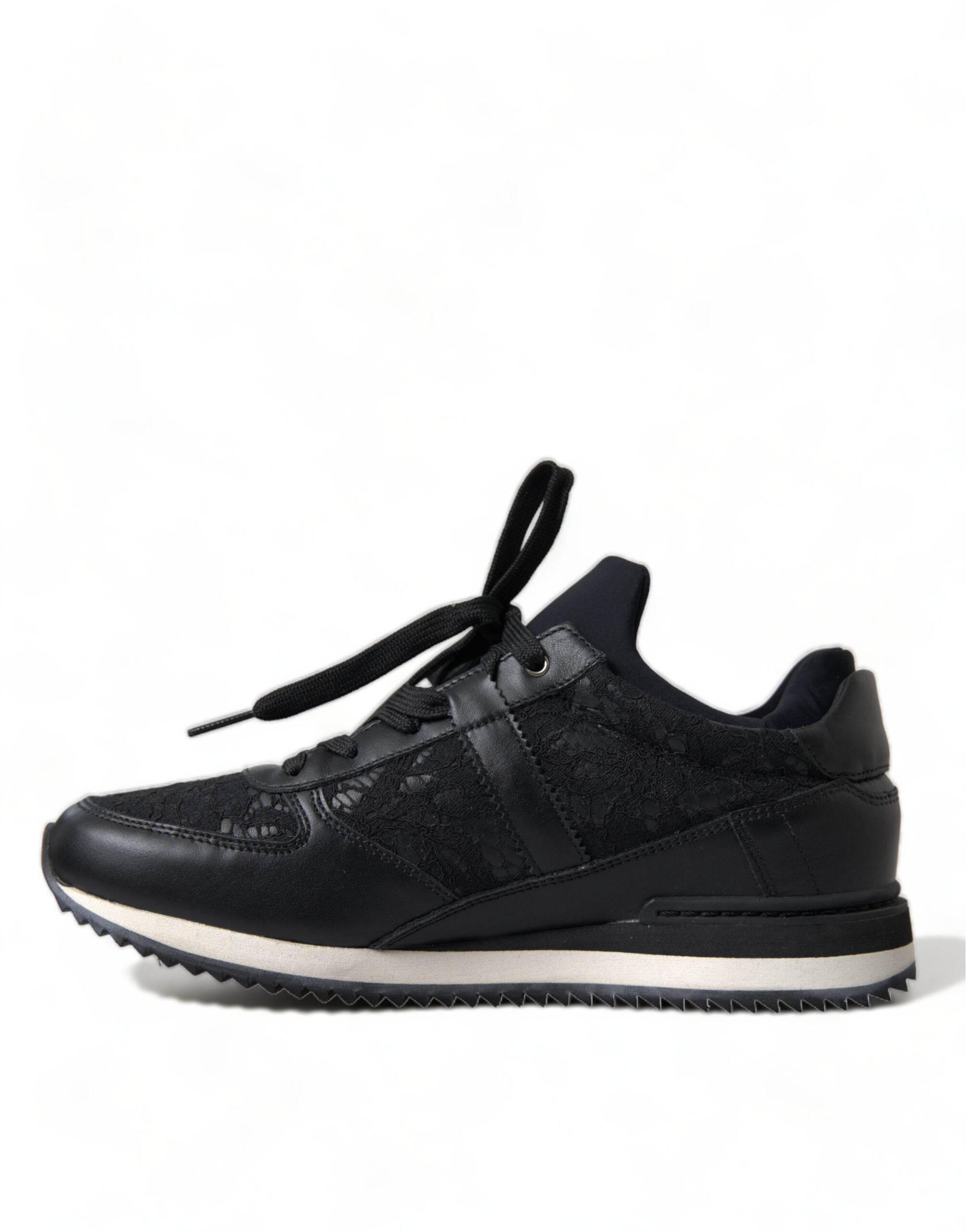 Dolce & Gabbana Black Floral Lace Leather Sneakers Shoes - Hilstor
