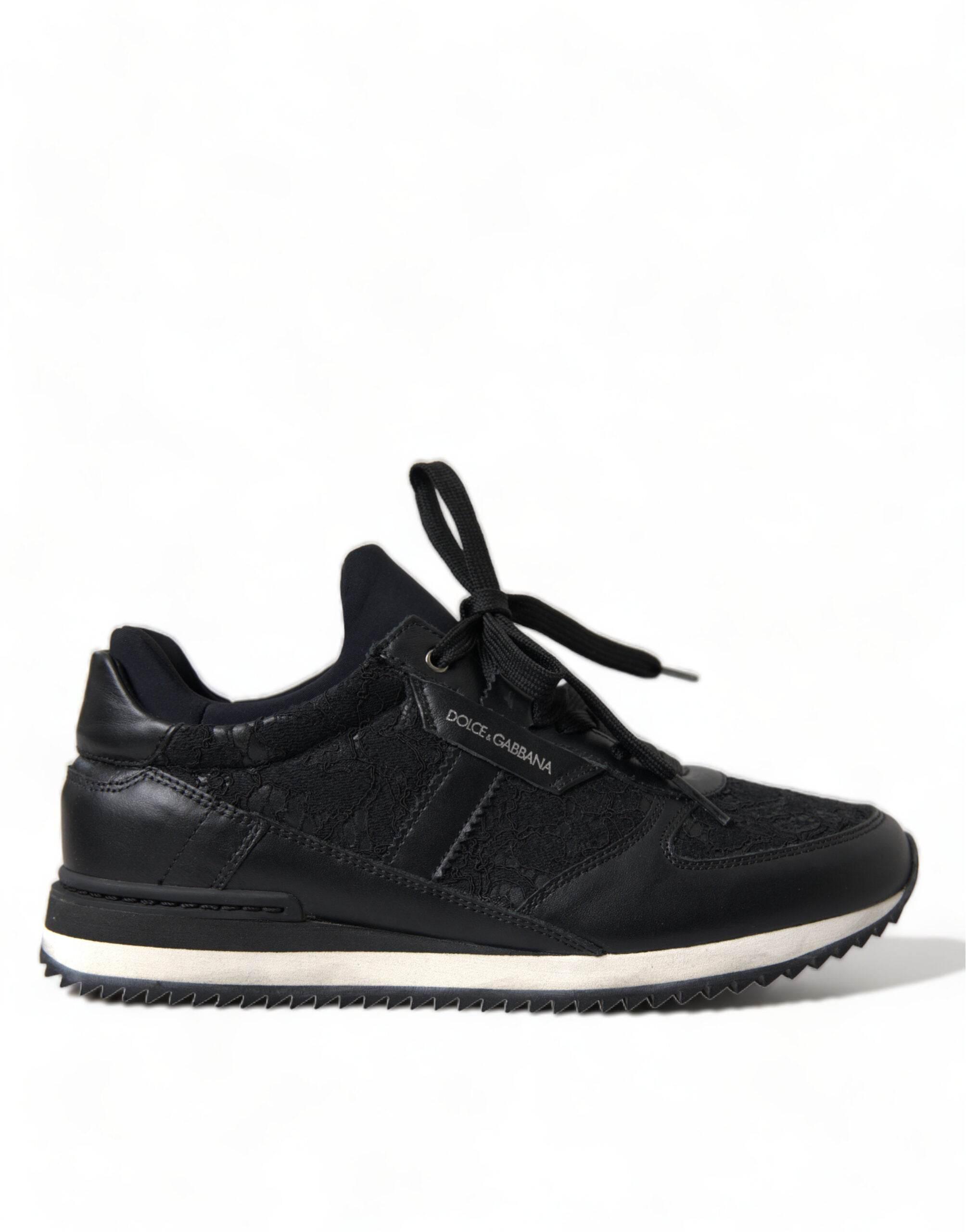 Dolce & Gabbana Black Floral Lace Leather Sneakers Shoes - Hilstor