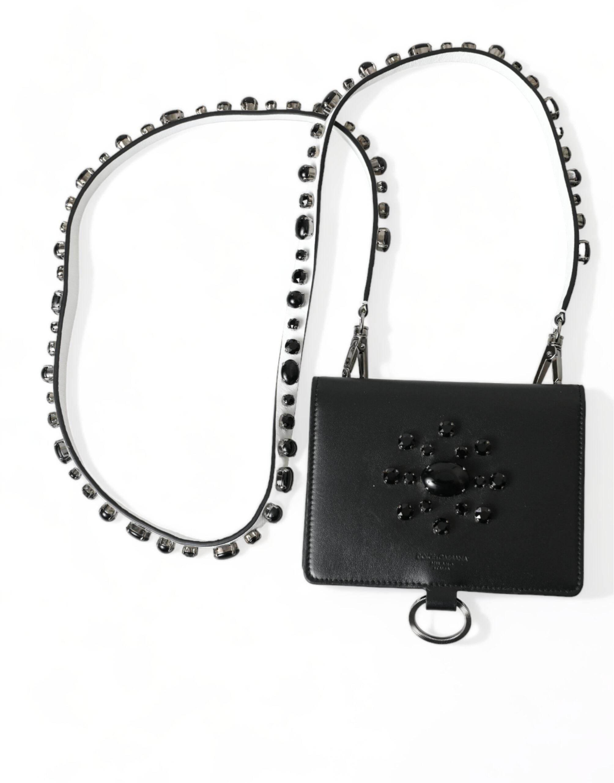 Dolce & Gabbana Elegant Black Leather Crystal Card Holder Wallet - Hilstor