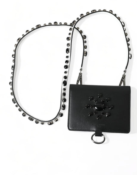 Dolce & Gabbana Elegant Black Leather Crystal Card Holder Wallet - Hilstor