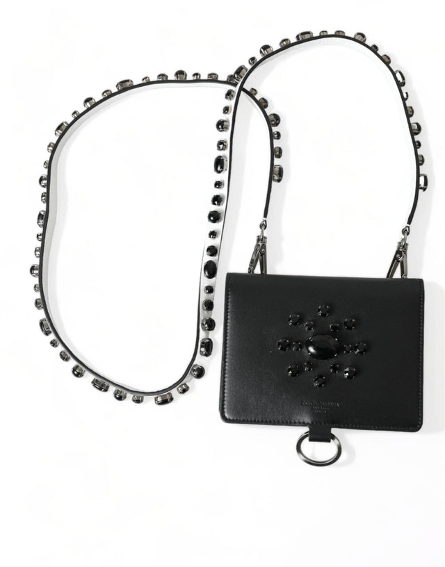 Dolce & Gabbana Elegant Black Leather Crystal Card Holder Wallet - Hilstor