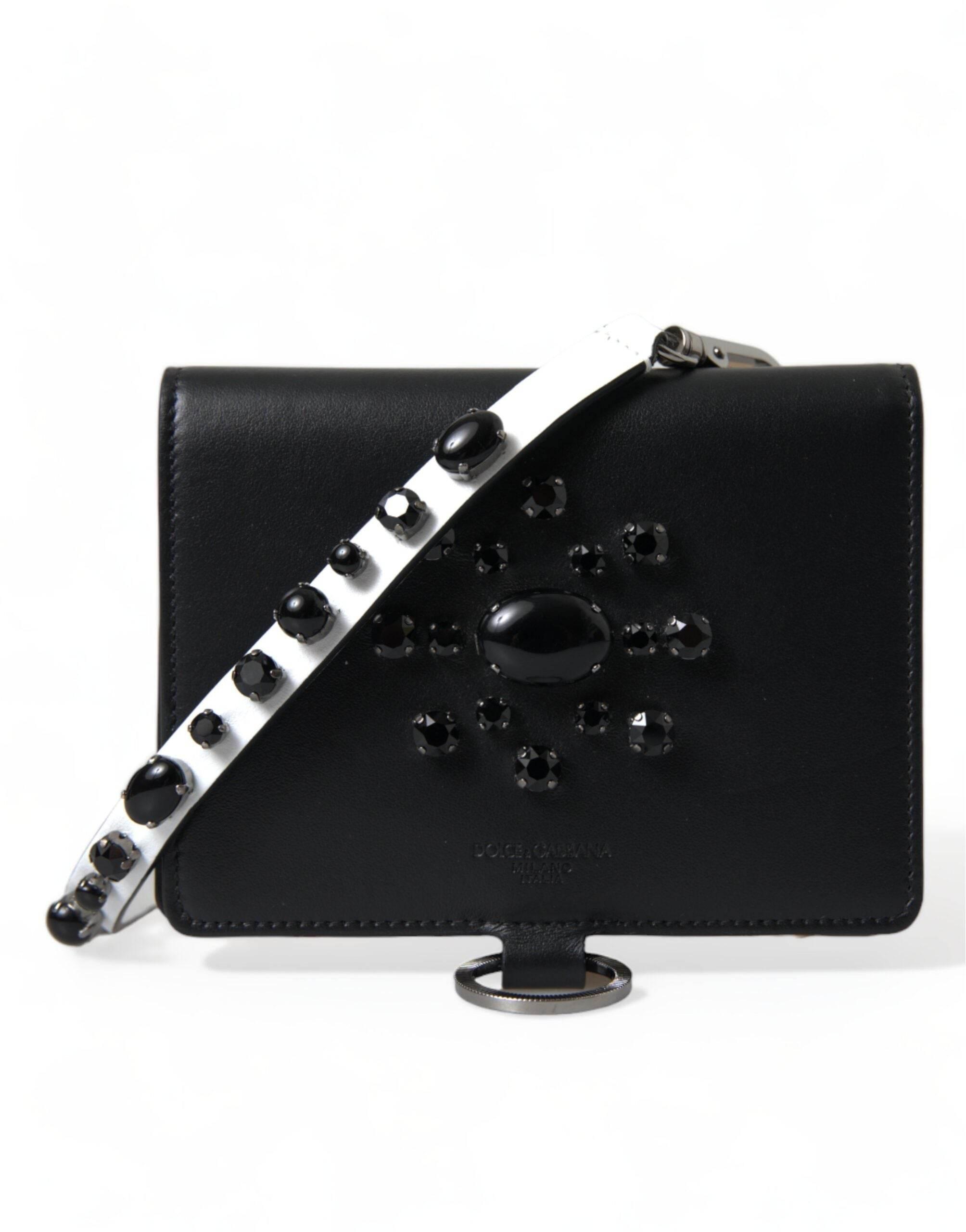 Dolce & Gabbana Elegant Black Leather Crystal Card Holder Wallet - Hilstor