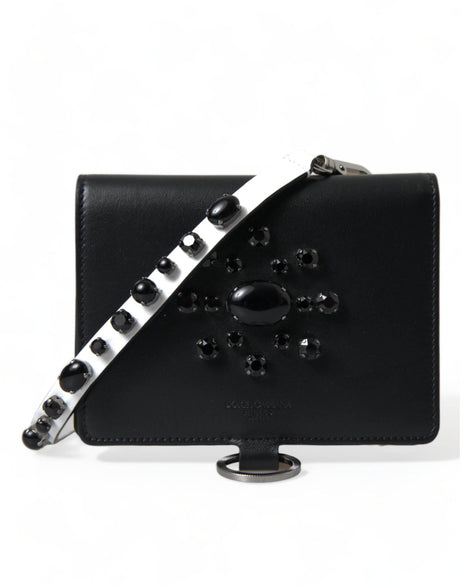 Dolce & Gabbana Elegant Black Leather Crystal Card Holder Wallet - Hilstor