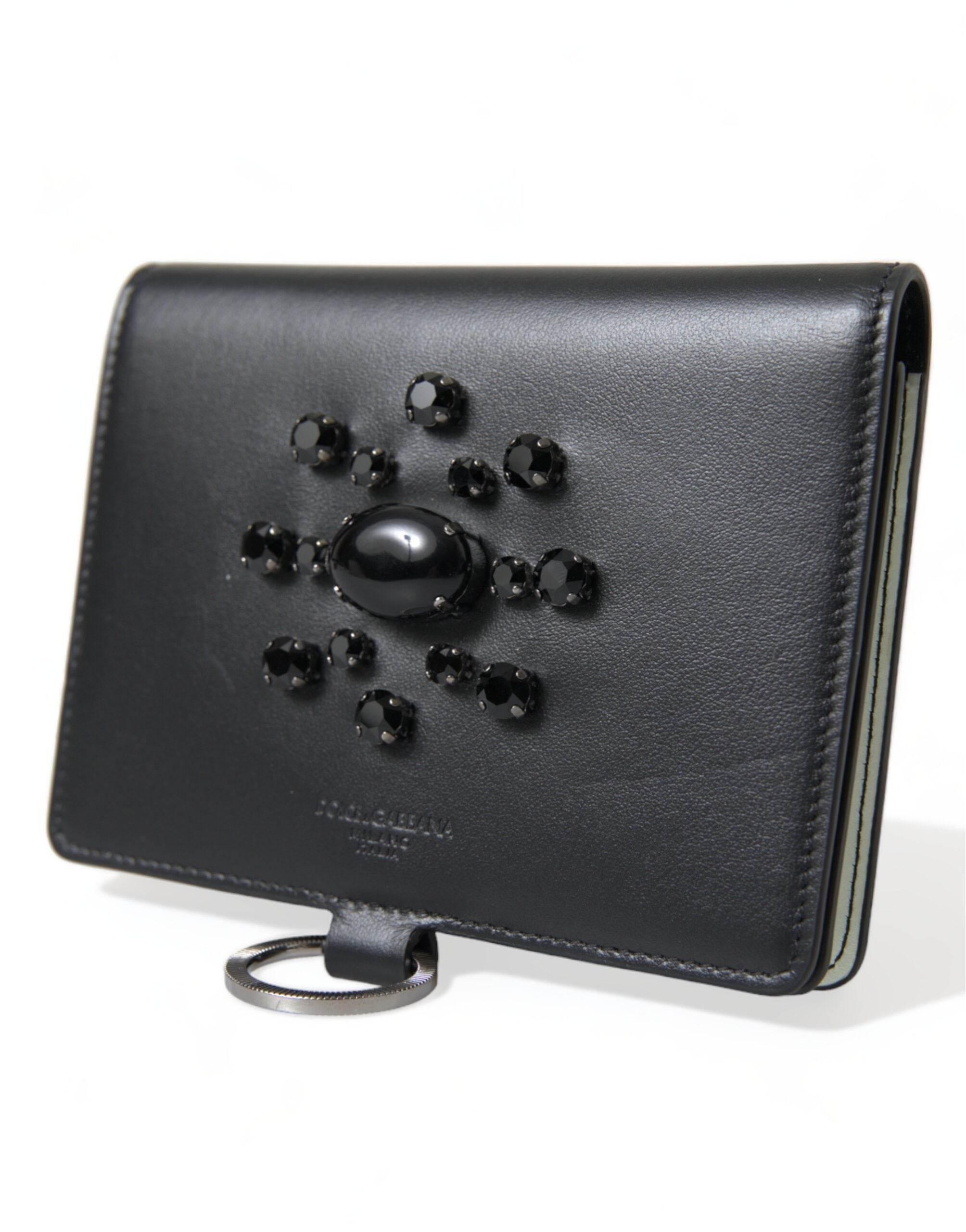 Dolce & Gabbana Elegant Black Leather Crystal Card Holder Wallet - Hilstor