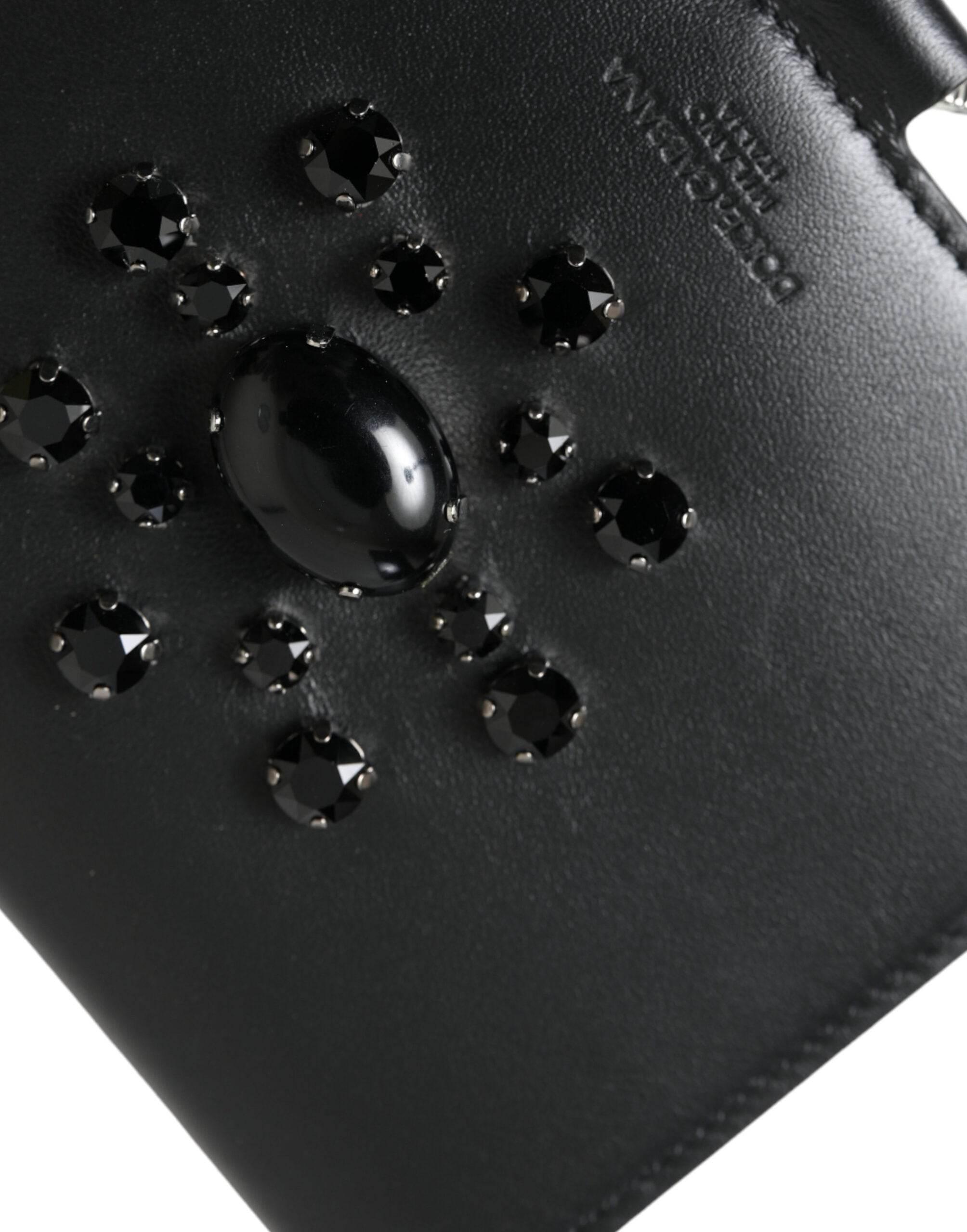 Dolce & Gabbana Elegant Black Leather Crystal Card Holder Wallet - Hilstor