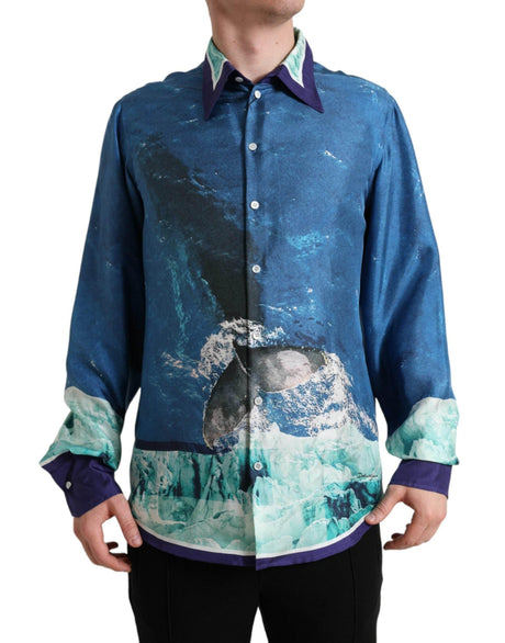 Dolce & Gabbana Blue Ocean Print Silk Collared Button Down Shirt - Hilstor