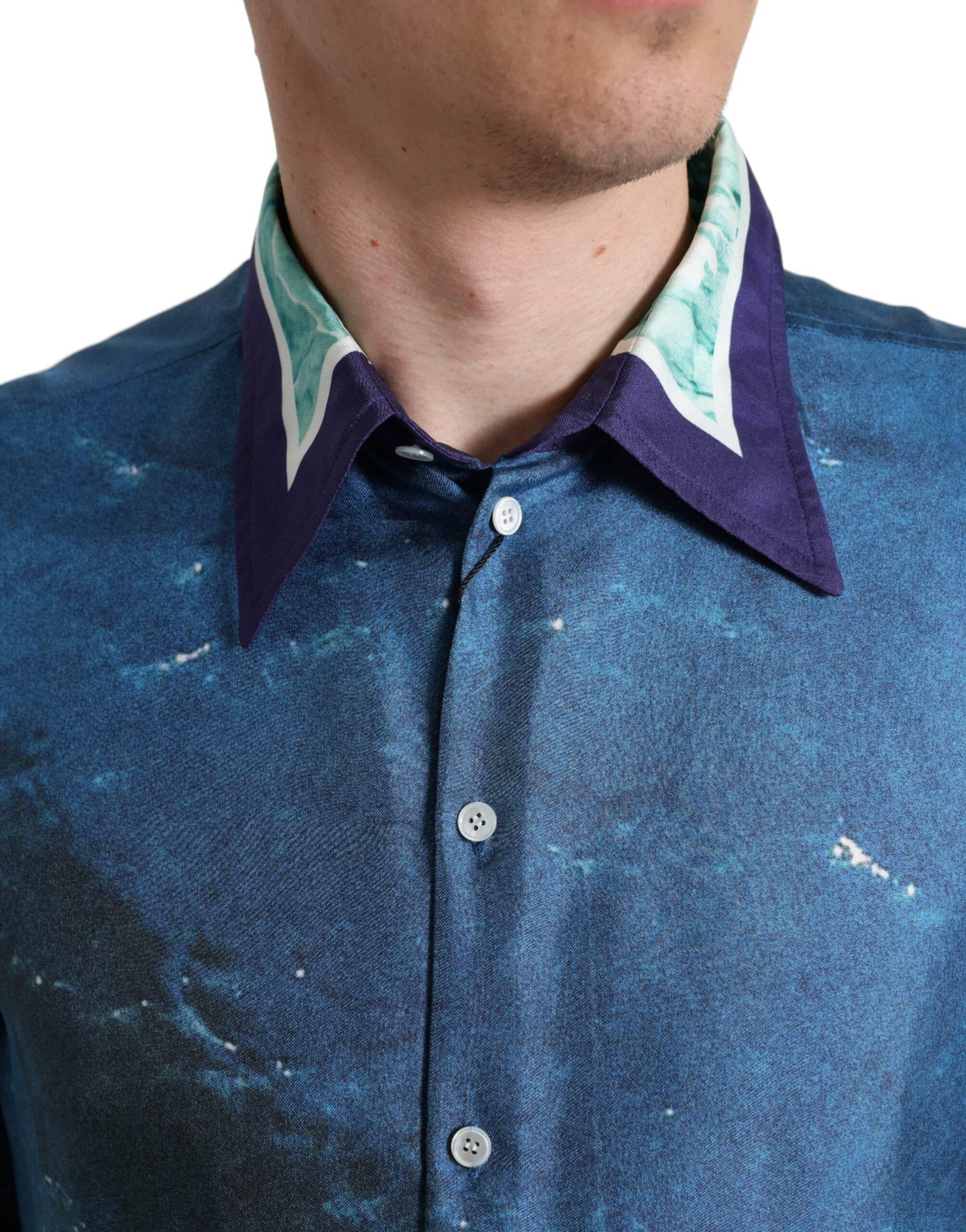 Dolce & Gabbana Blue Ocean Print Silk Collared Button Down Shirt - Hilstor