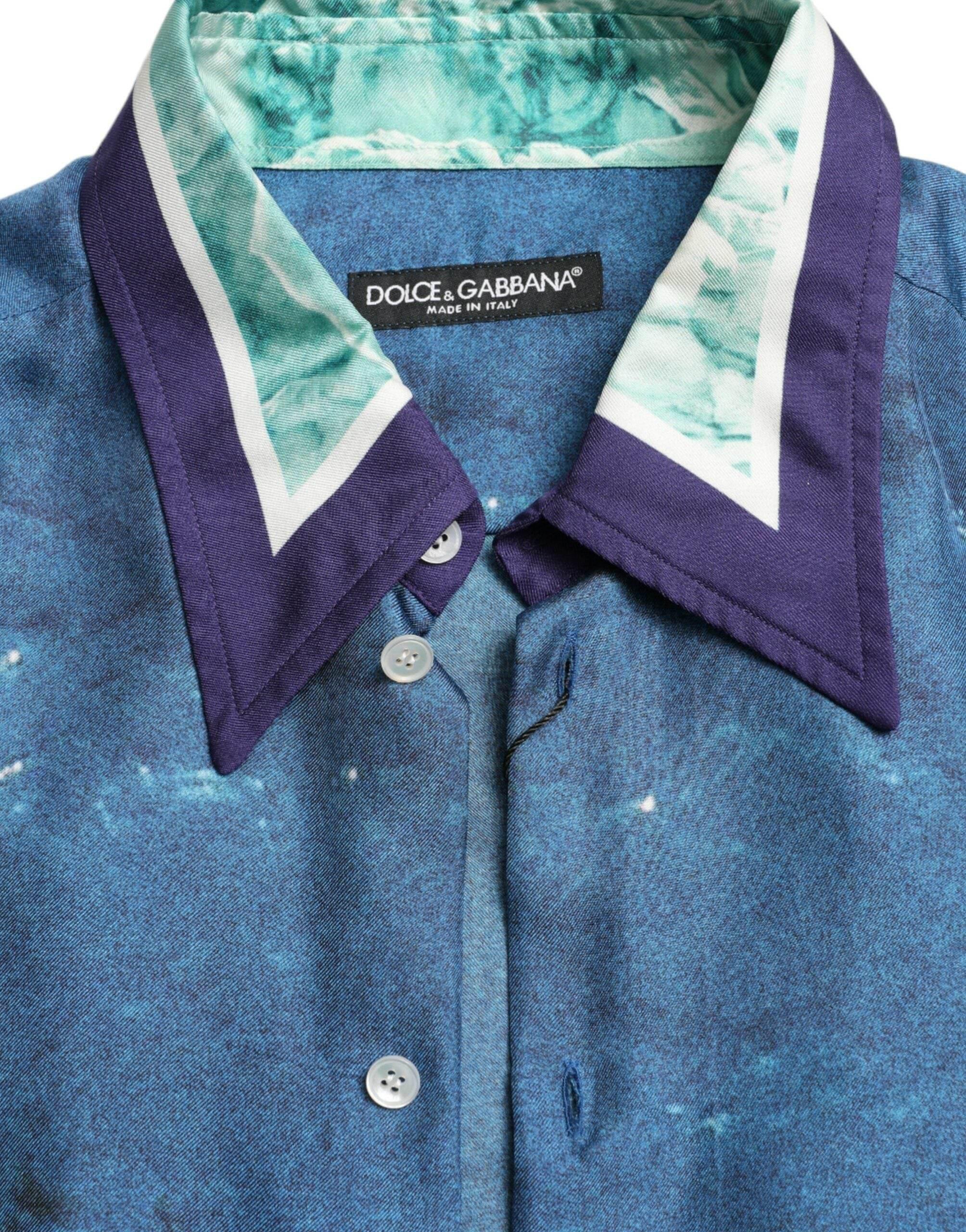 Dolce & Gabbana Blue Ocean Print Silk Collared Button Down Shirt - Hilstor