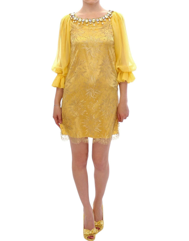 Dolce & Gabbana Yellow Lace Crystal Embellished Mini Dress - Hilstor