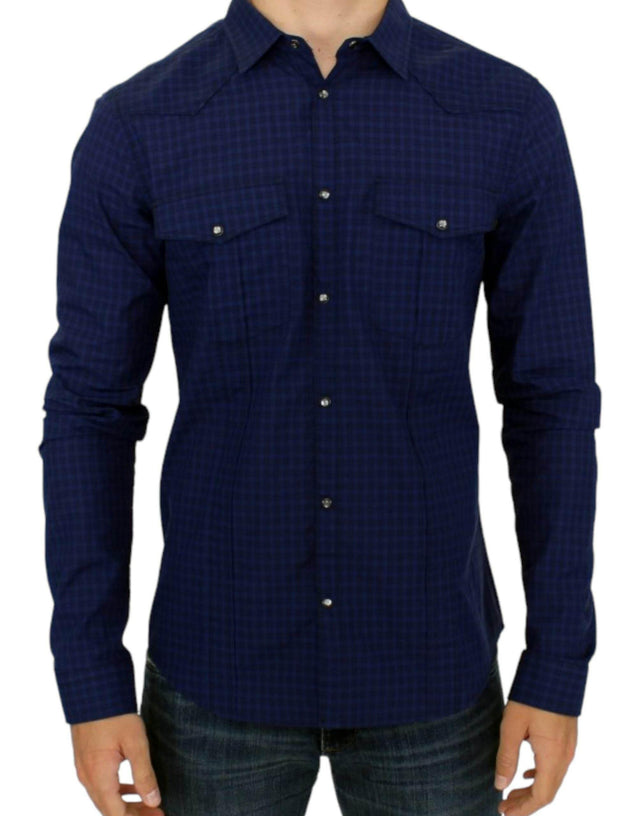 Costume National Chic Blue Checkered Casual Cotton Shirt - Hilstor
