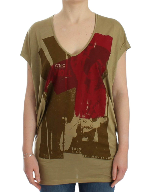 Costume National Chic Green Multicolor Print V-Neck Tee - Hilstor