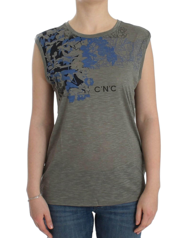 Costume National Chic Sleeveless Gray Top with Blue Detailing - Hilstor