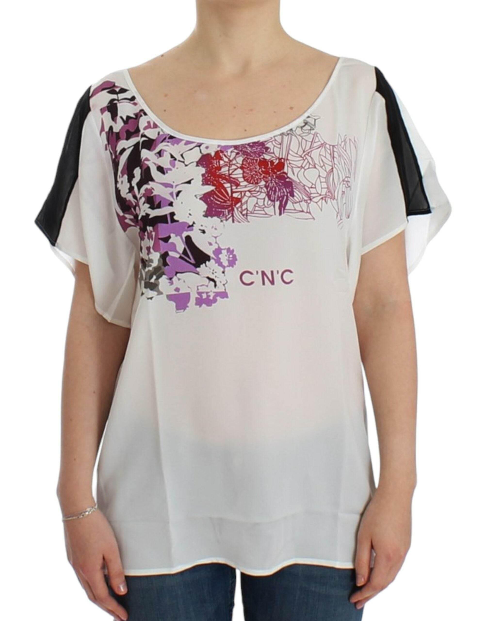 Costume National Chic White V-Neck Motive Print Tee - Hilstor