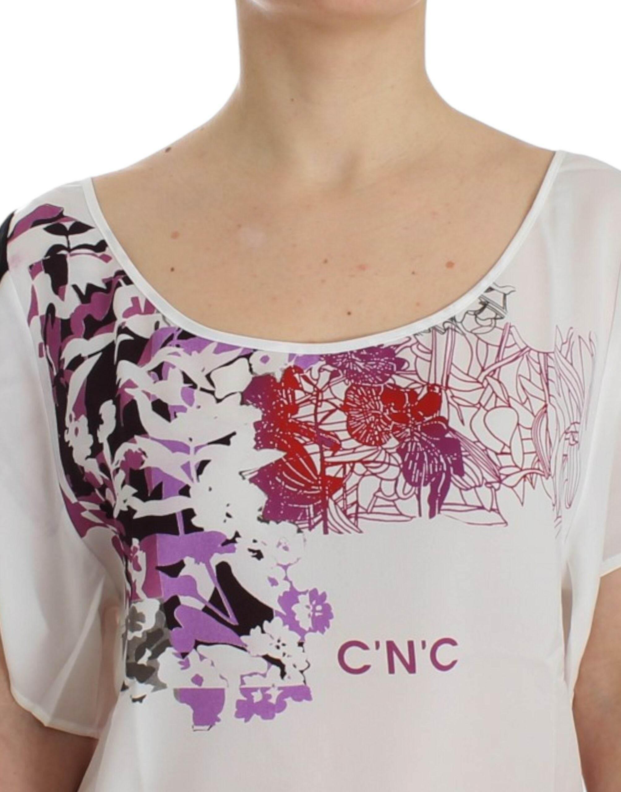 Costume National Chic White V-Neck Motive Print Tee - Hilstor