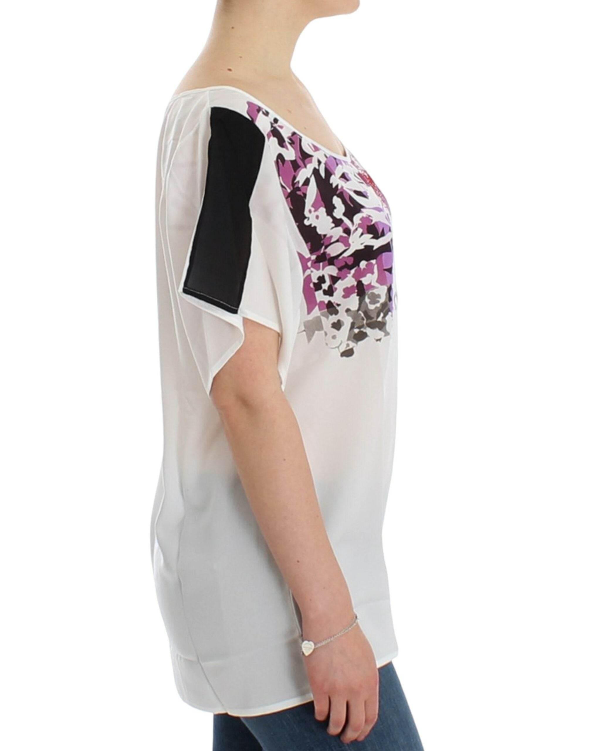 Costume National Chic White V-Neck Motive Print Tee - Hilstor