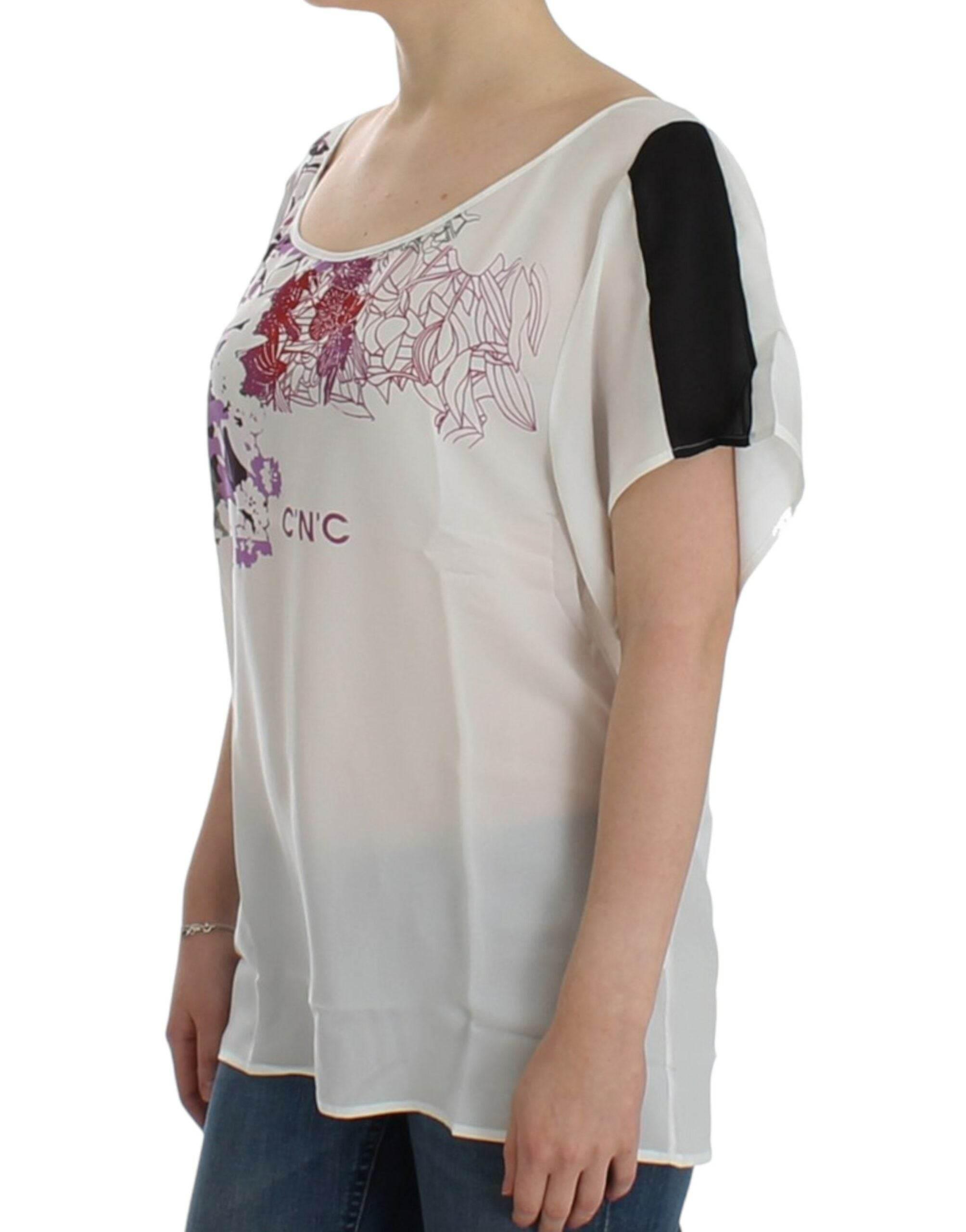 Costume National Chic White V-Neck Motive Print Tee - Hilstor