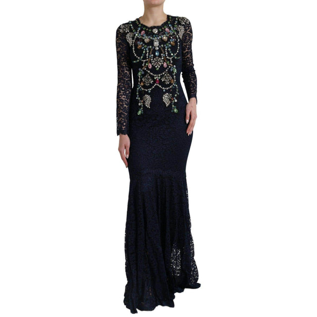 Dolce & Gabbana Blue Crystal Floral Lace Long Gown Dress - Hilstor