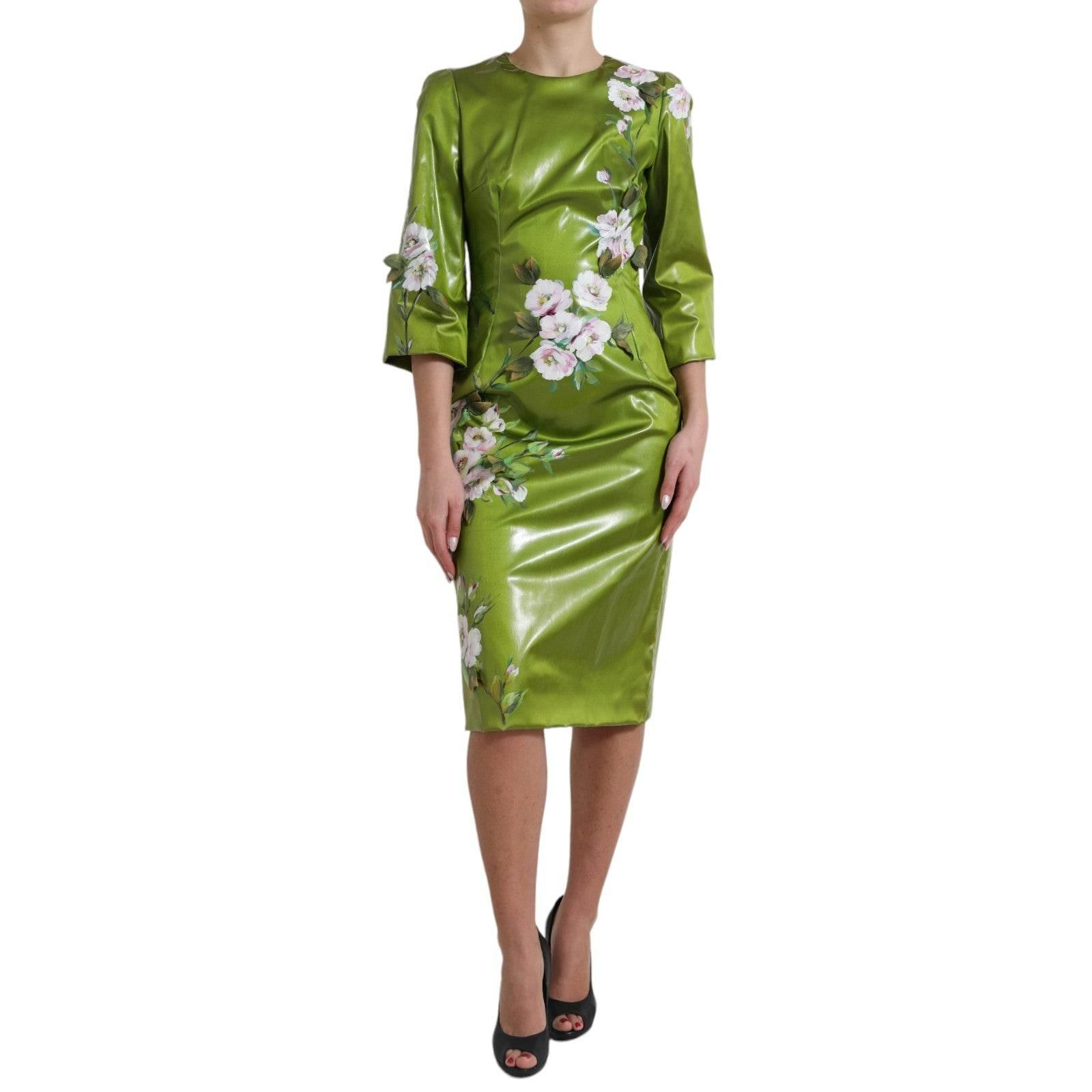 Dolce & Gabbana Green Floral Embellished Sheath Midi Dress - Hilstor