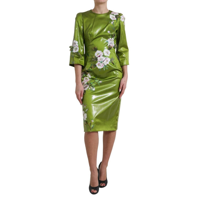 Dolce & Gabbana Green Floral Embellished Sheath Midi Dress - Hilstor