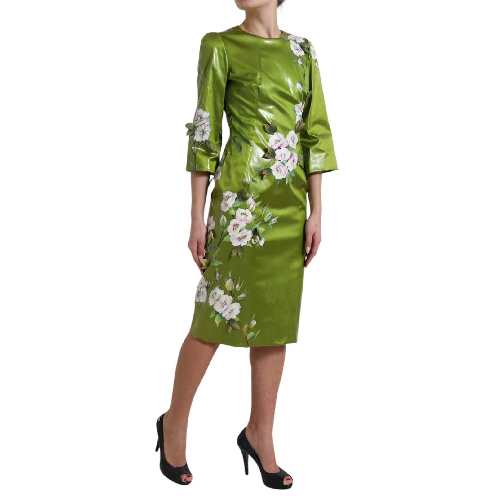 Dolce & Gabbana Green Floral Embellished Sheath Midi Dress - Hilstor