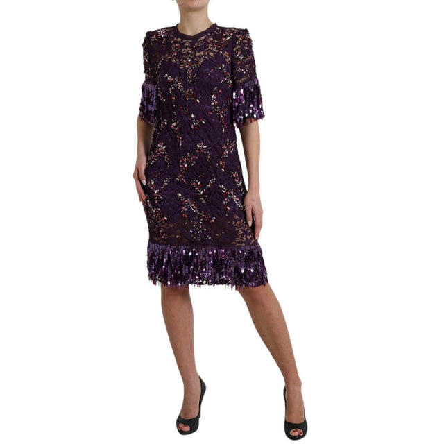 Dolce & Gabbana Elegant Purple Floral Lace Crystal Dress - Hilstor