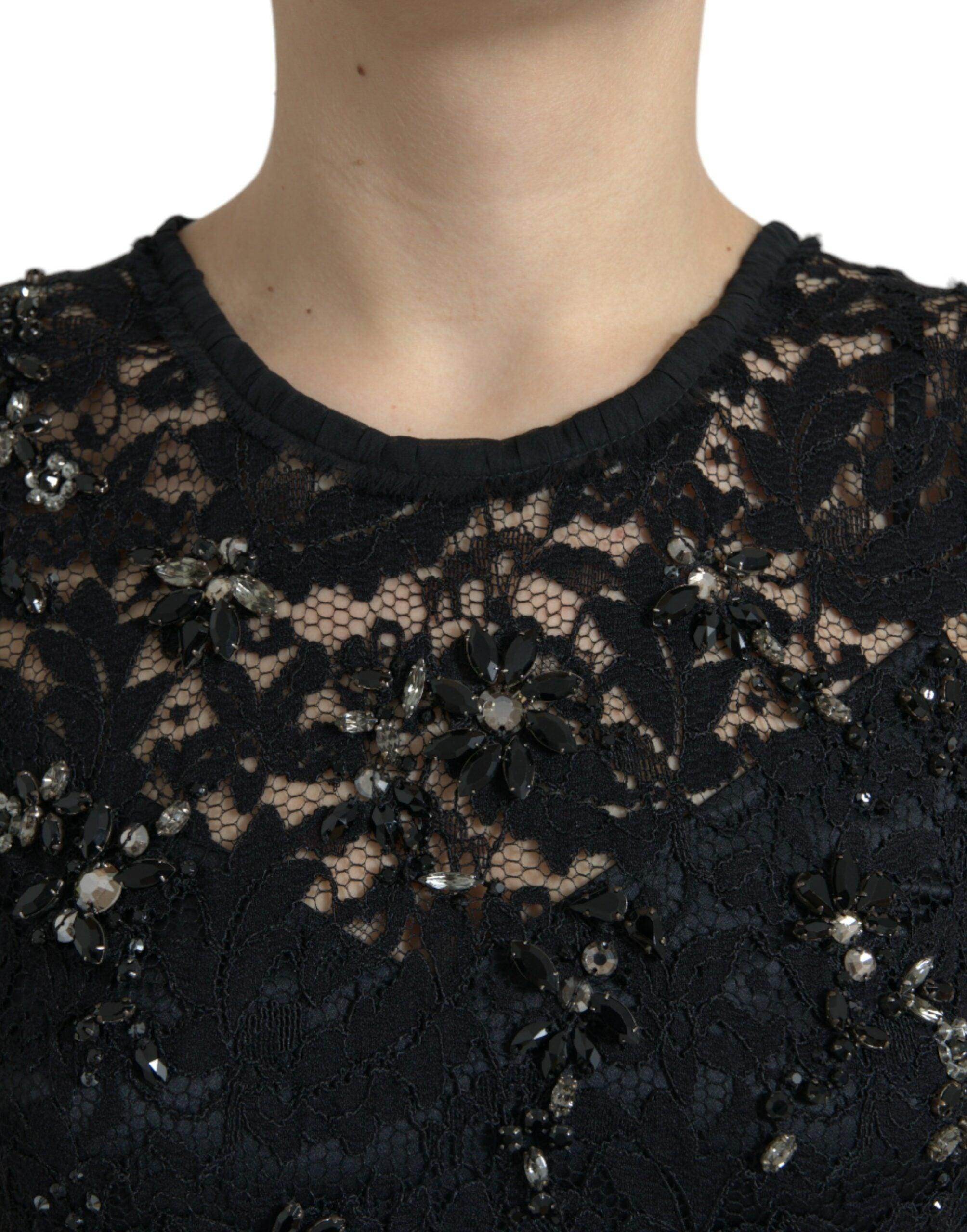 Dolce & Gabbana Black Floral Lace Crystal Sheath Dress - Hilstor