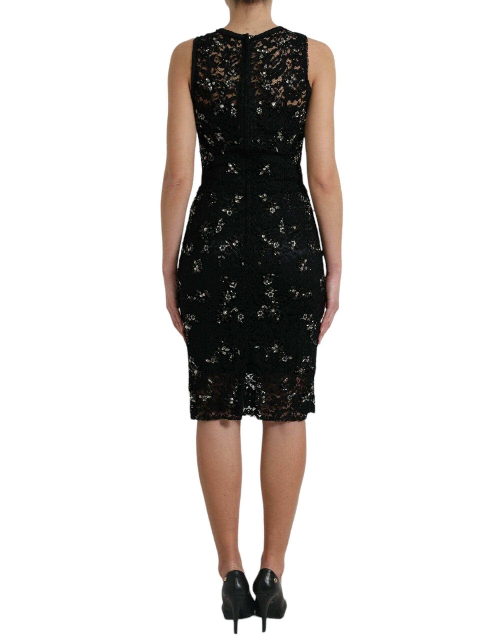 Dolce & Gabbana Black Floral Lace Crystal Sheath Dress - Hilstor