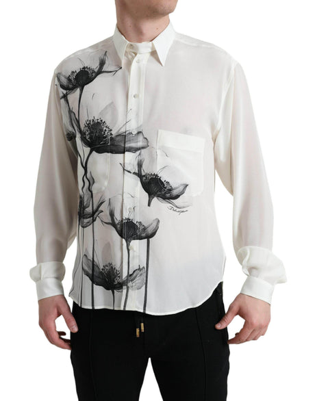 Dolce & Gabbana White Floral Collared Dress Silk Shirt - Hilstor