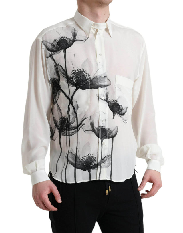 Dolce & Gabbana White Floral Collared Dress Silk Shirt - Hilstor