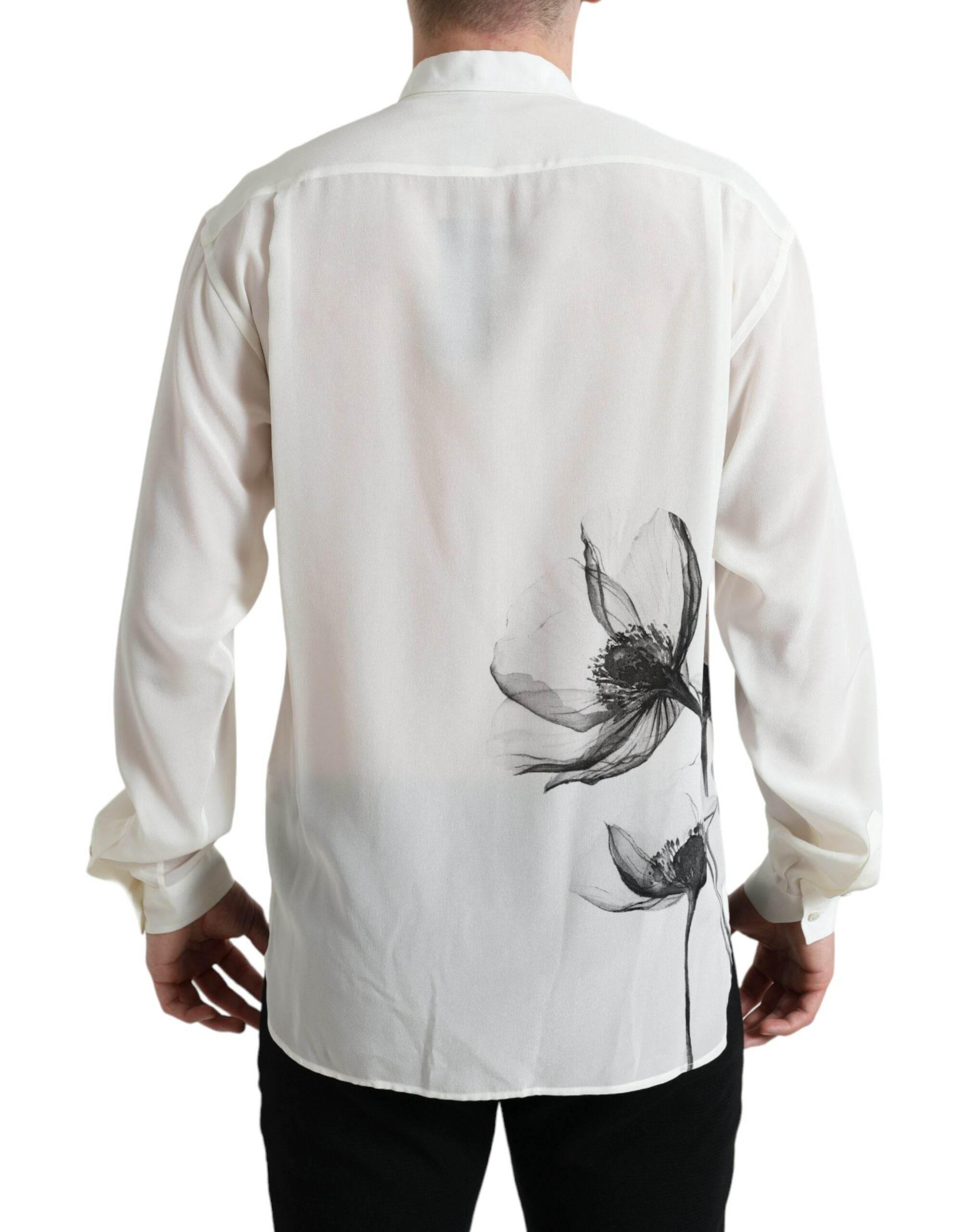 Dolce & Gabbana White Floral Collared Dress Silk Shirt - Hilstor