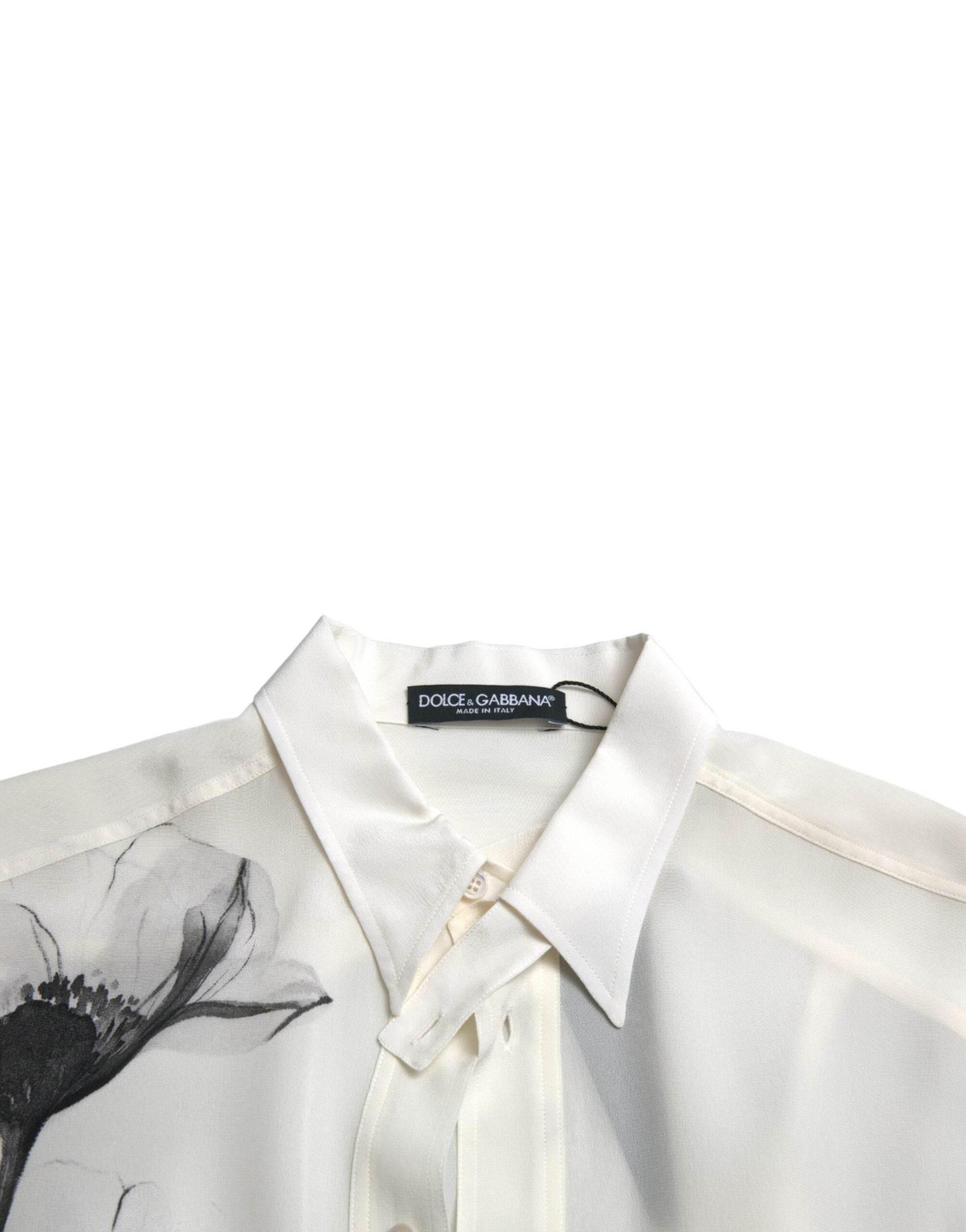 Dolce & Gabbana White Floral Collared Dress Silk Shirt - Hilstor