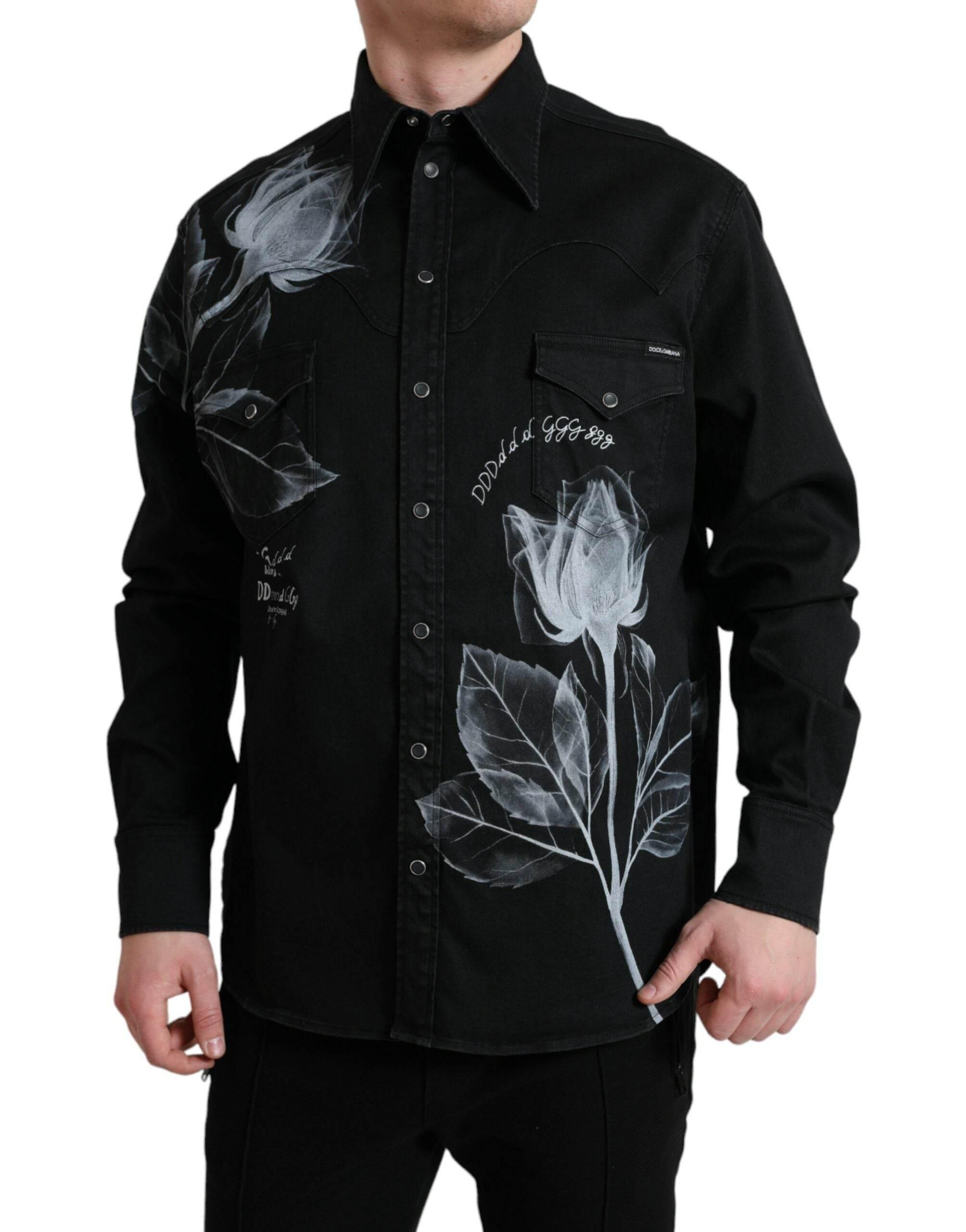 Dolce & Gabbana Black Floral Cotton Collared Dress Shirt - Hilstor
