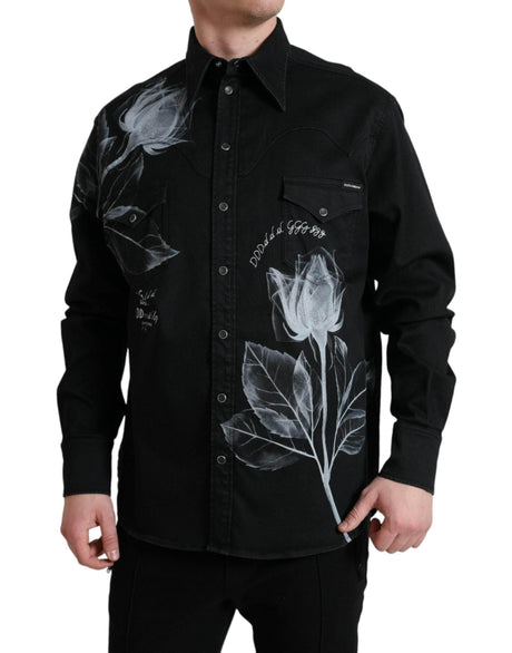 Dolce & Gabbana Black Floral Cotton Collared Dress Shirt - Hilstor