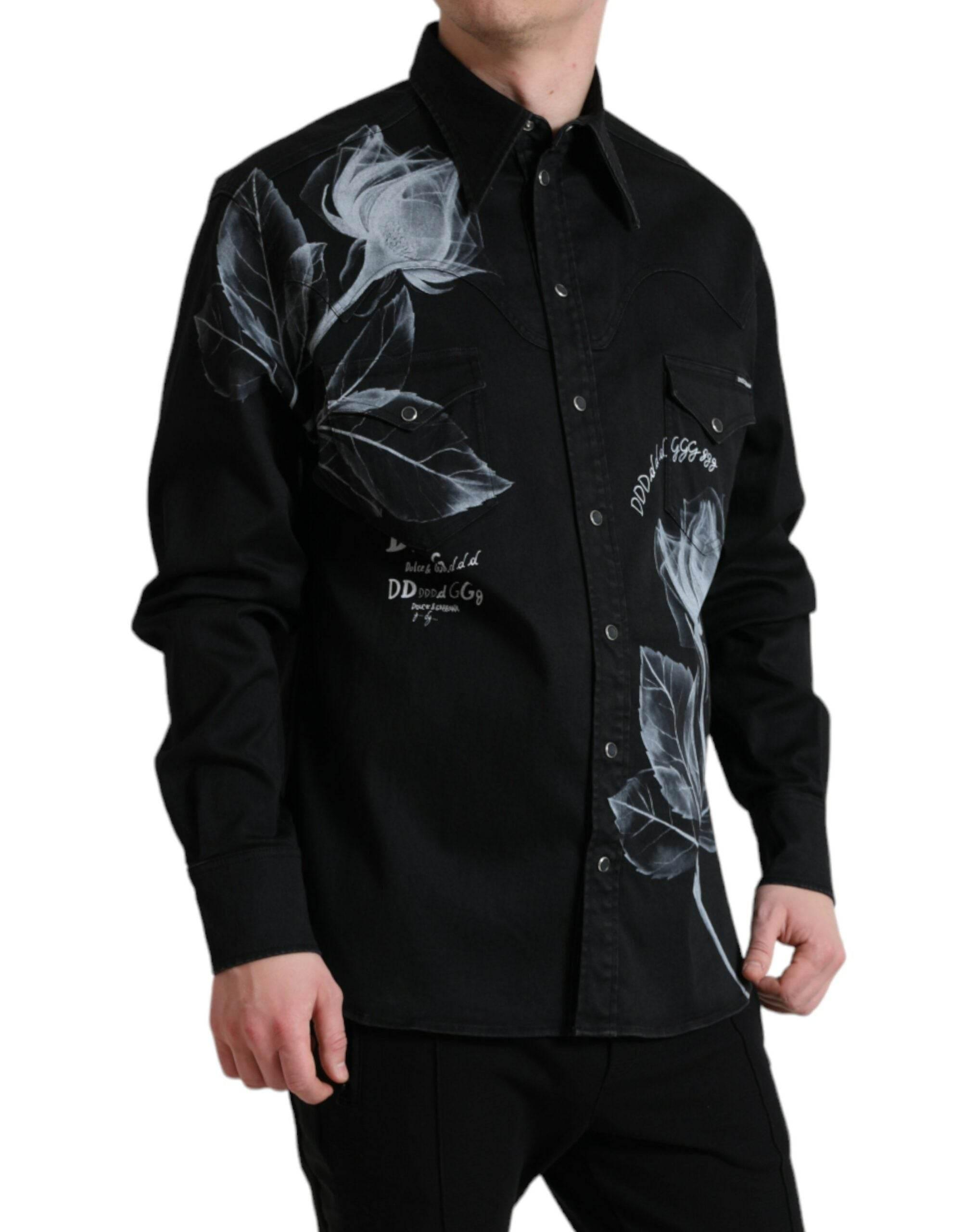 Dolce & Gabbana Black Floral Cotton Collared Dress Shirt - Hilstor