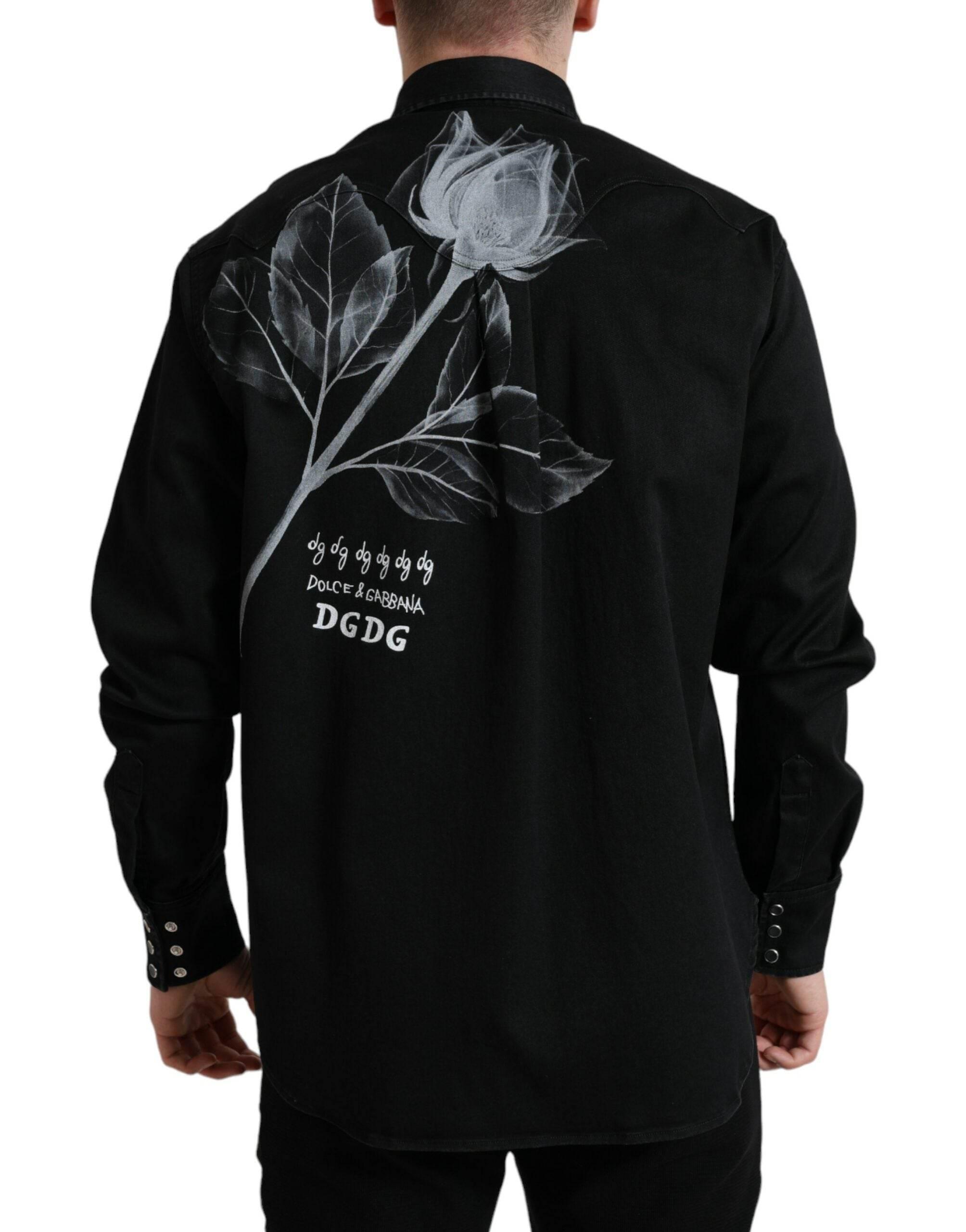 Dolce & Gabbana Black Floral Cotton Collared Dress Shirt - Hilstor