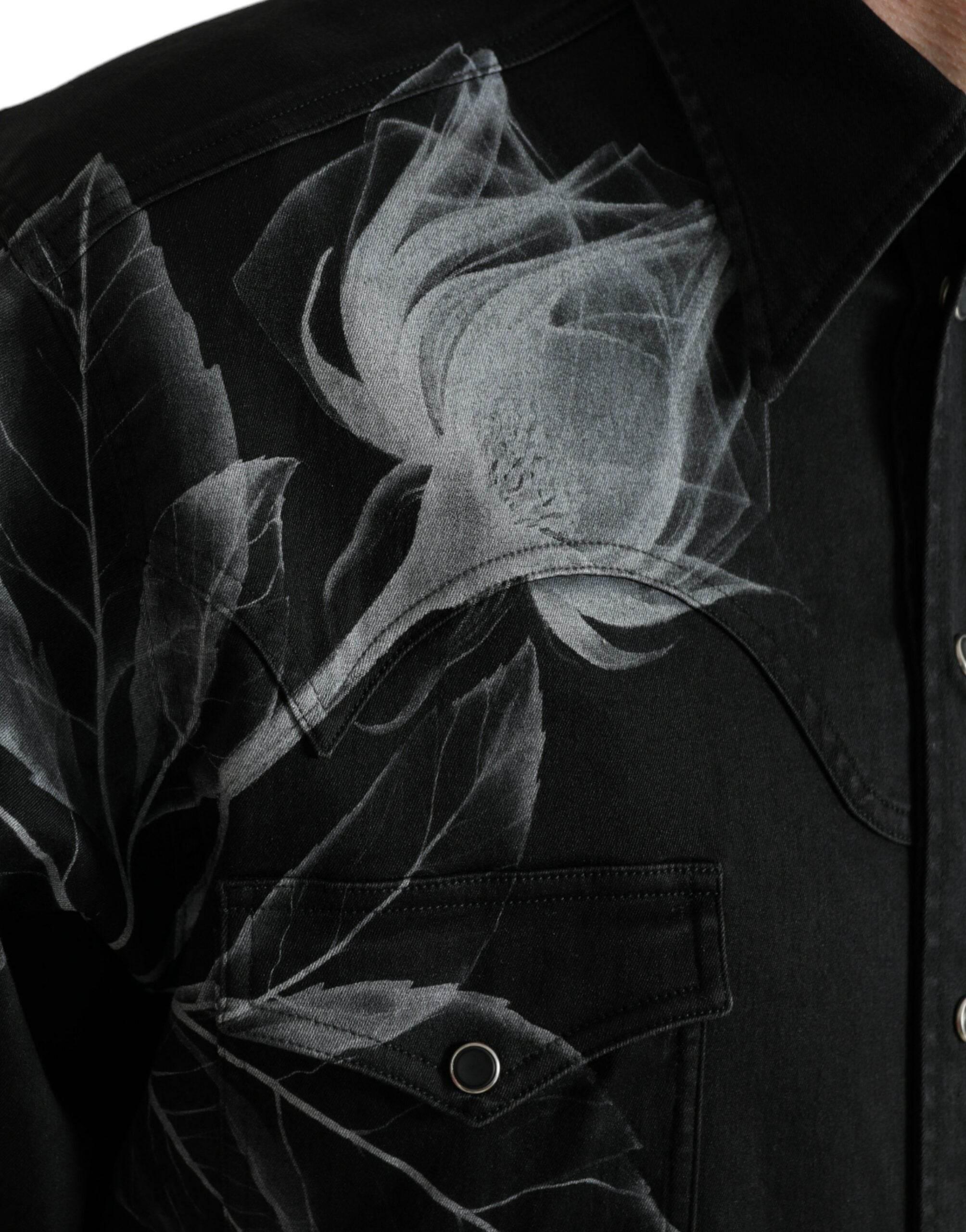 Dolce & Gabbana Black Floral Cotton Collared Dress Shirt - Hilstor