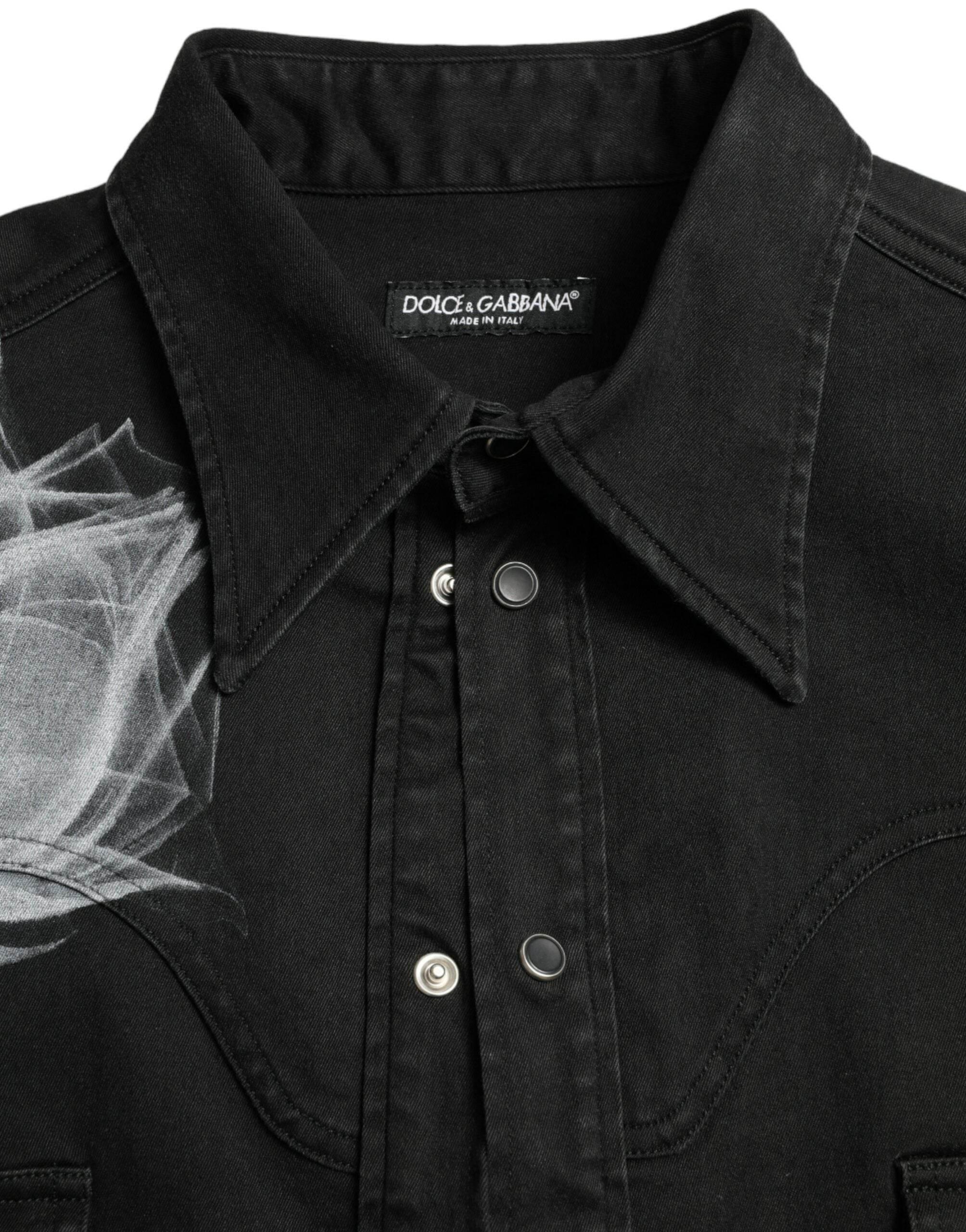 Dolce & Gabbana Black Floral Cotton Collared Dress Shirt - Hilstor