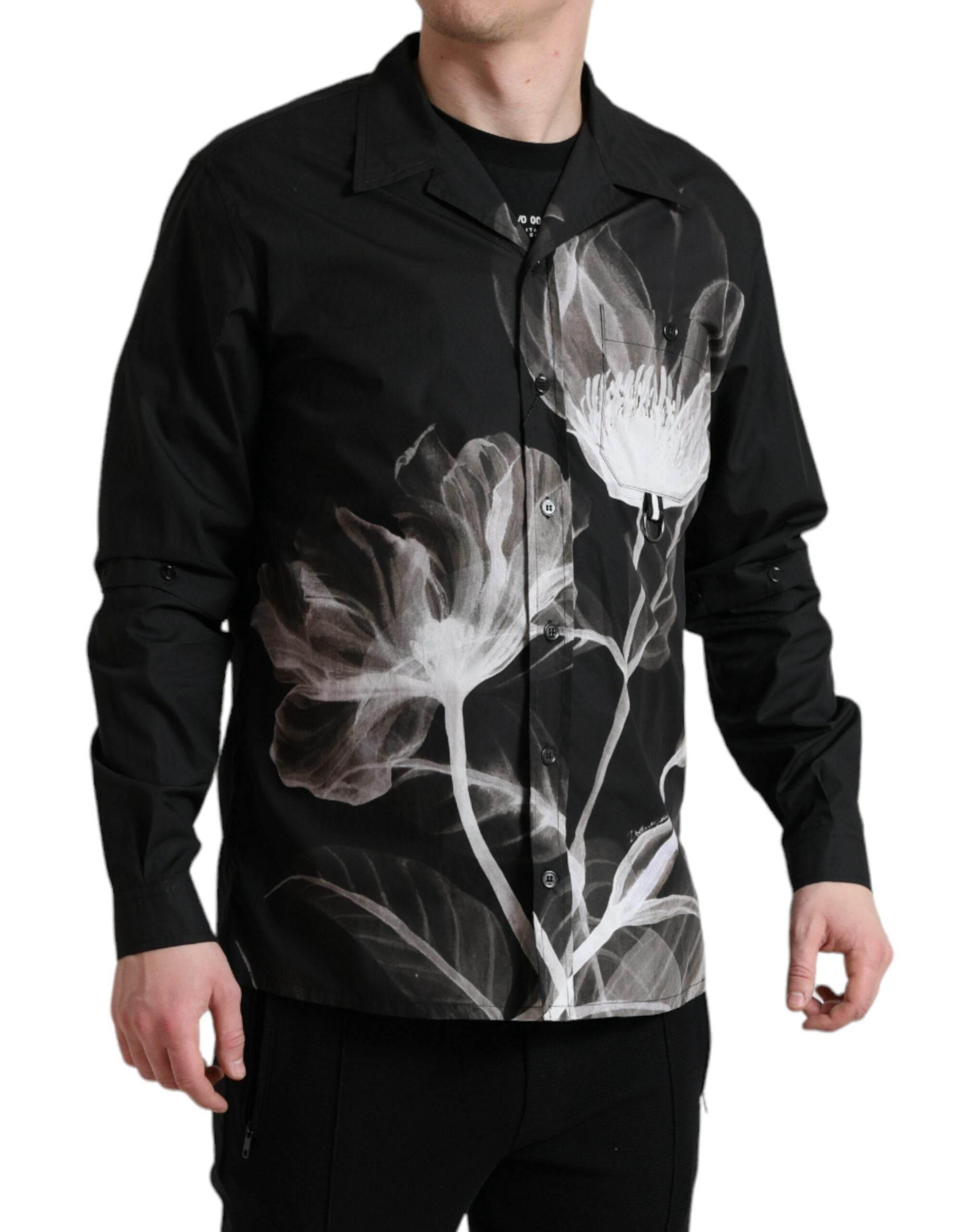 Dolce & Gabbana Black Floral Cotton Collared Long Sleeves Men Shirt - Hilstor