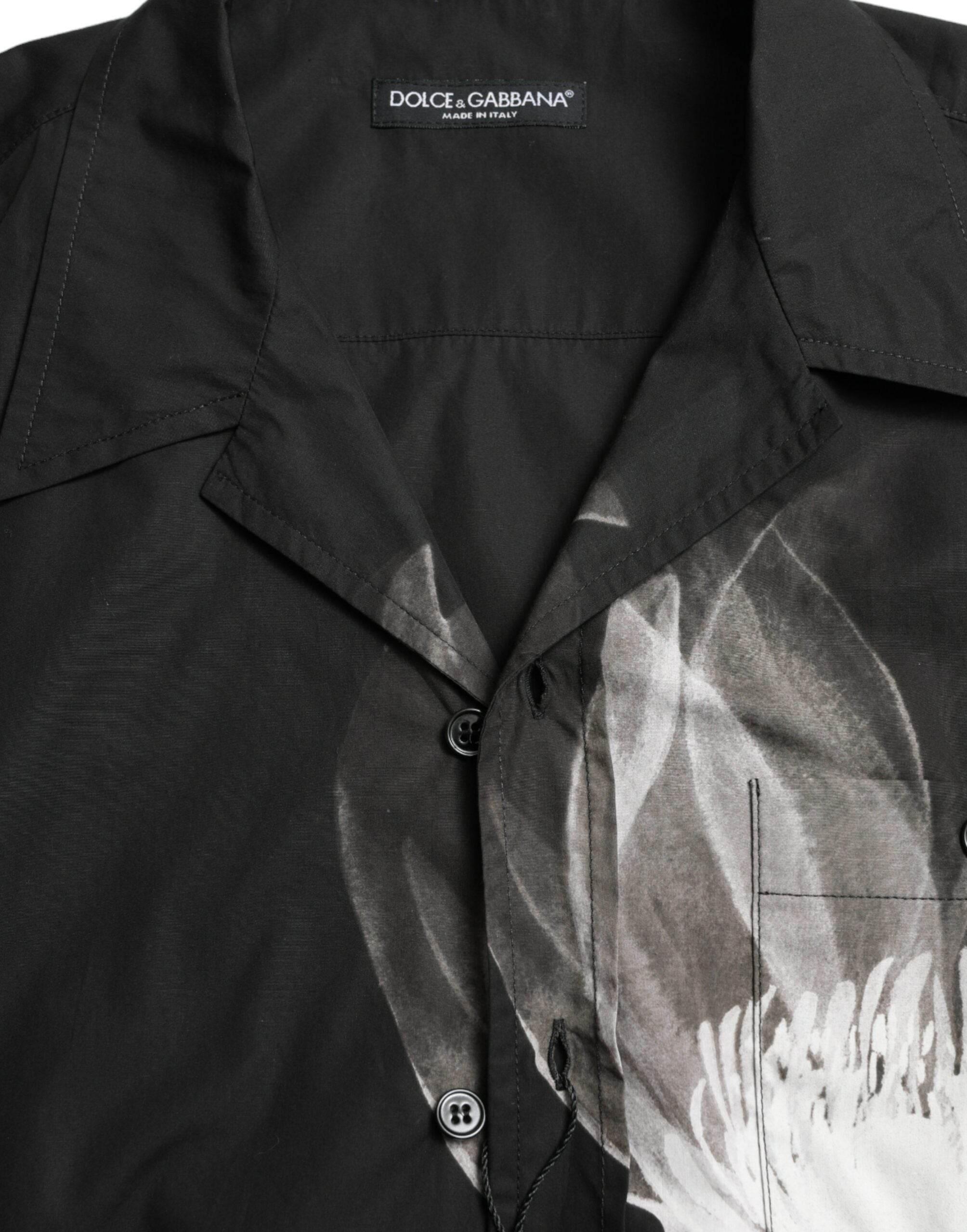 Dolce & Gabbana Black Floral Cotton Collared Long Sleeves Men Shirt - Hilstor