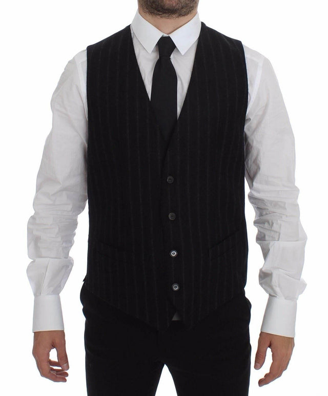 Dolce & Gabbana Black Striped Wool Logo Vest Gilet Weste - Hilstor